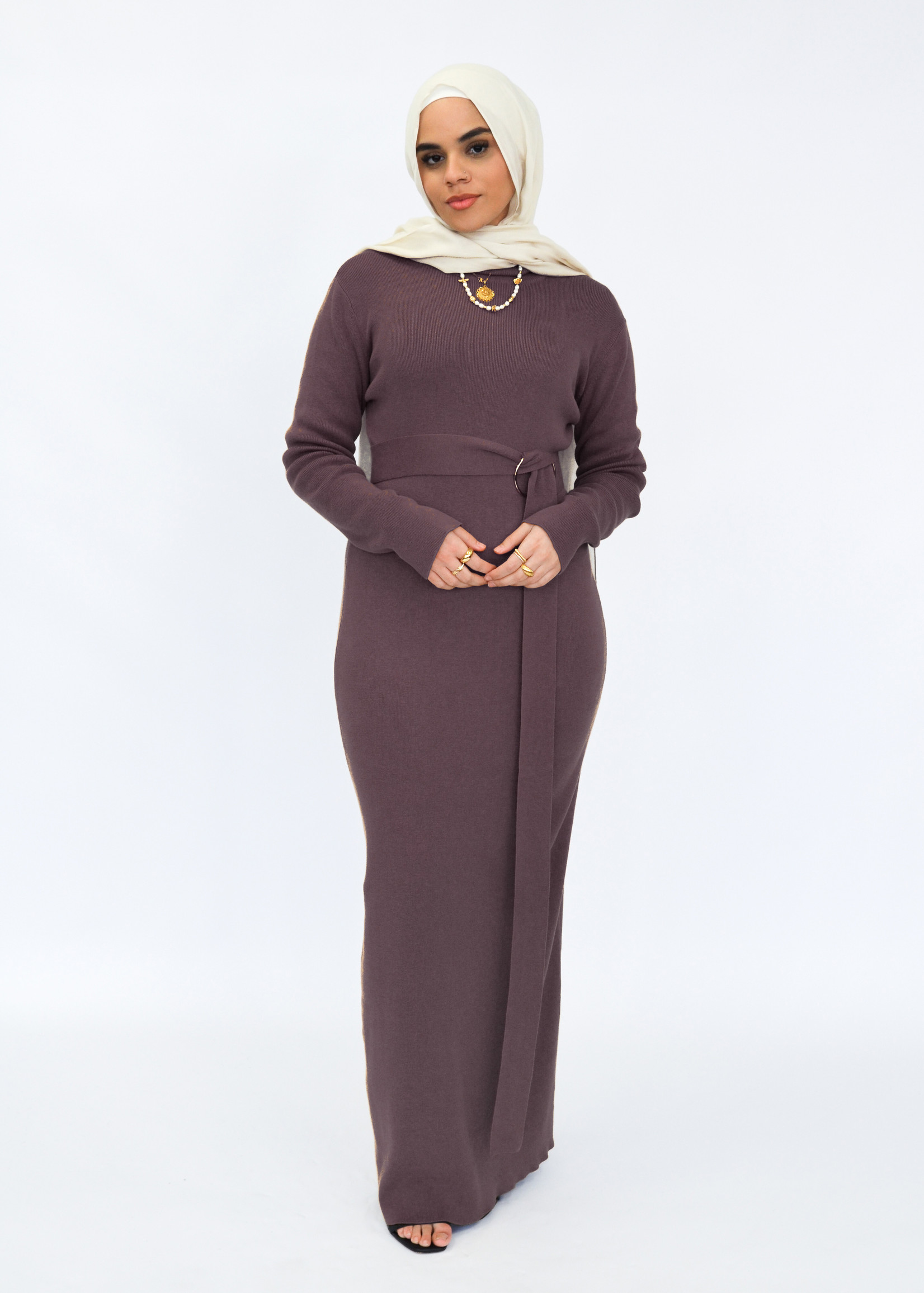 Nasiba Fashion Chocolate Wintertide belted dress