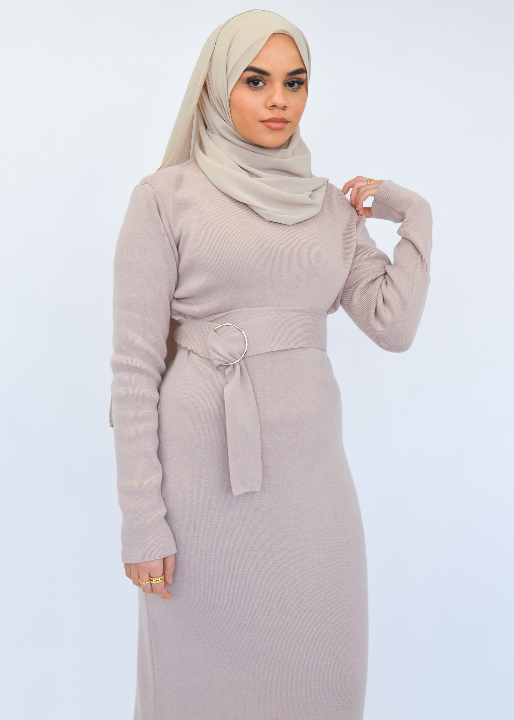 Nasiba Fashion Rose beige Wintertide belted dress