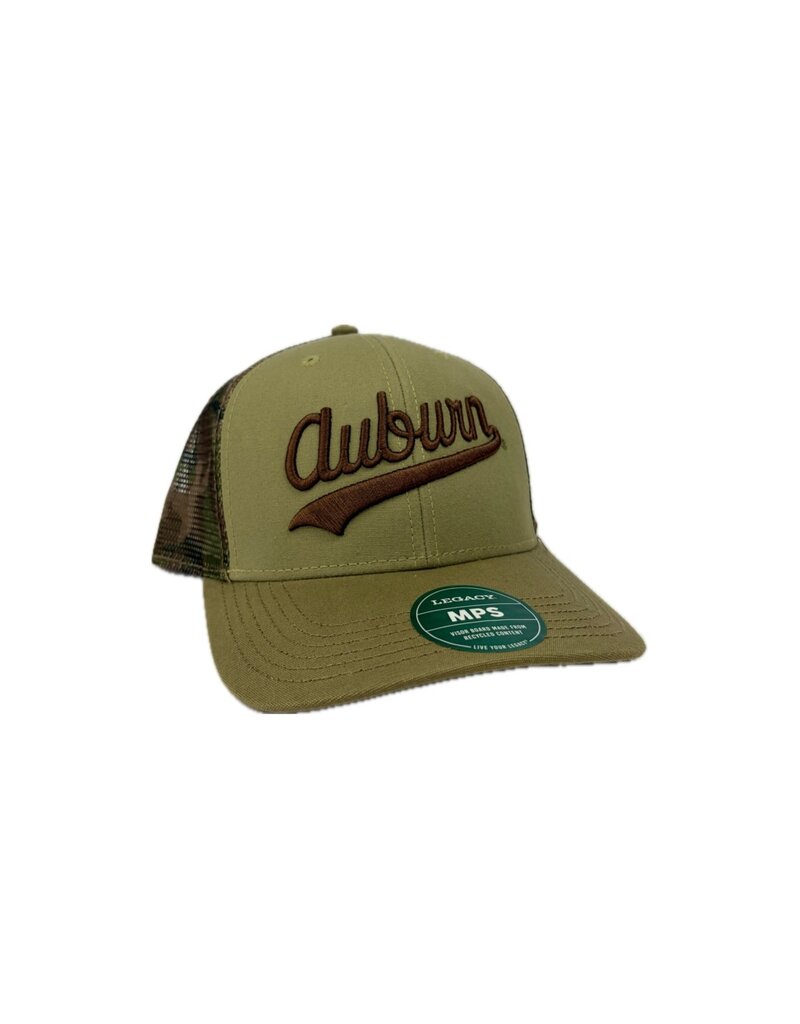 Legacy Script Auburn Khaki with Camo Mest Hat