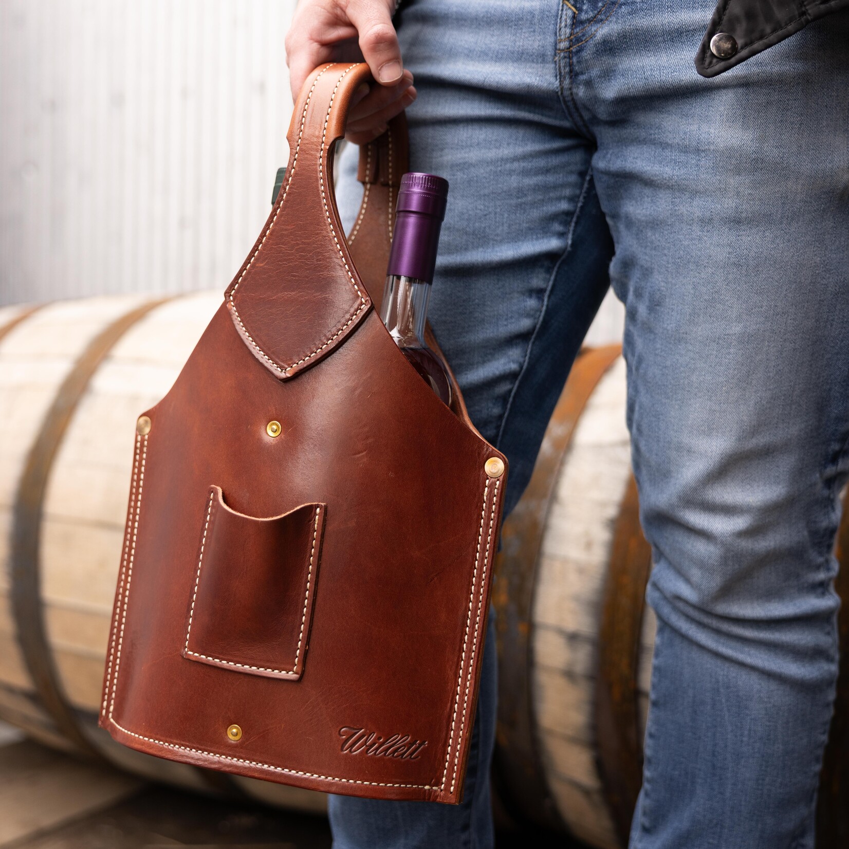 Handcrafted Leather Double Barrel Bottle Bag