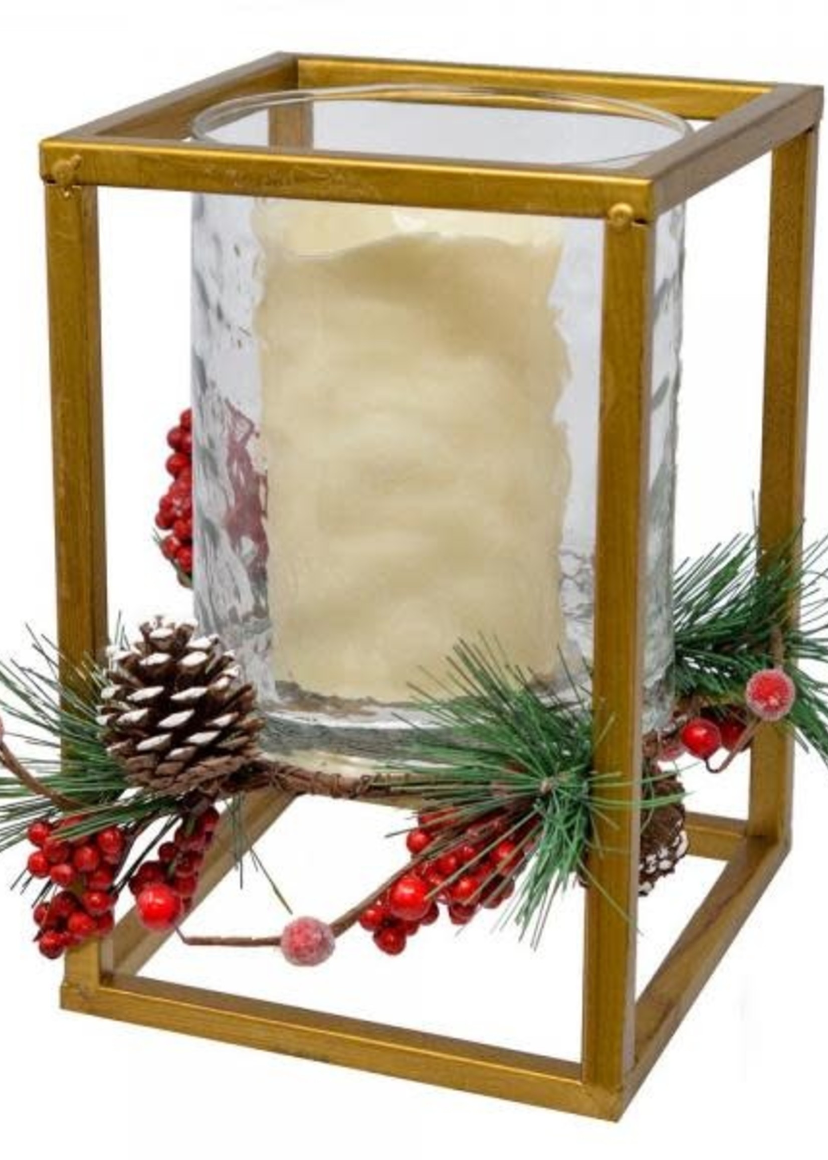 Design Decor Small Candle Holder with Pine & Berry Wreath & LED Candle