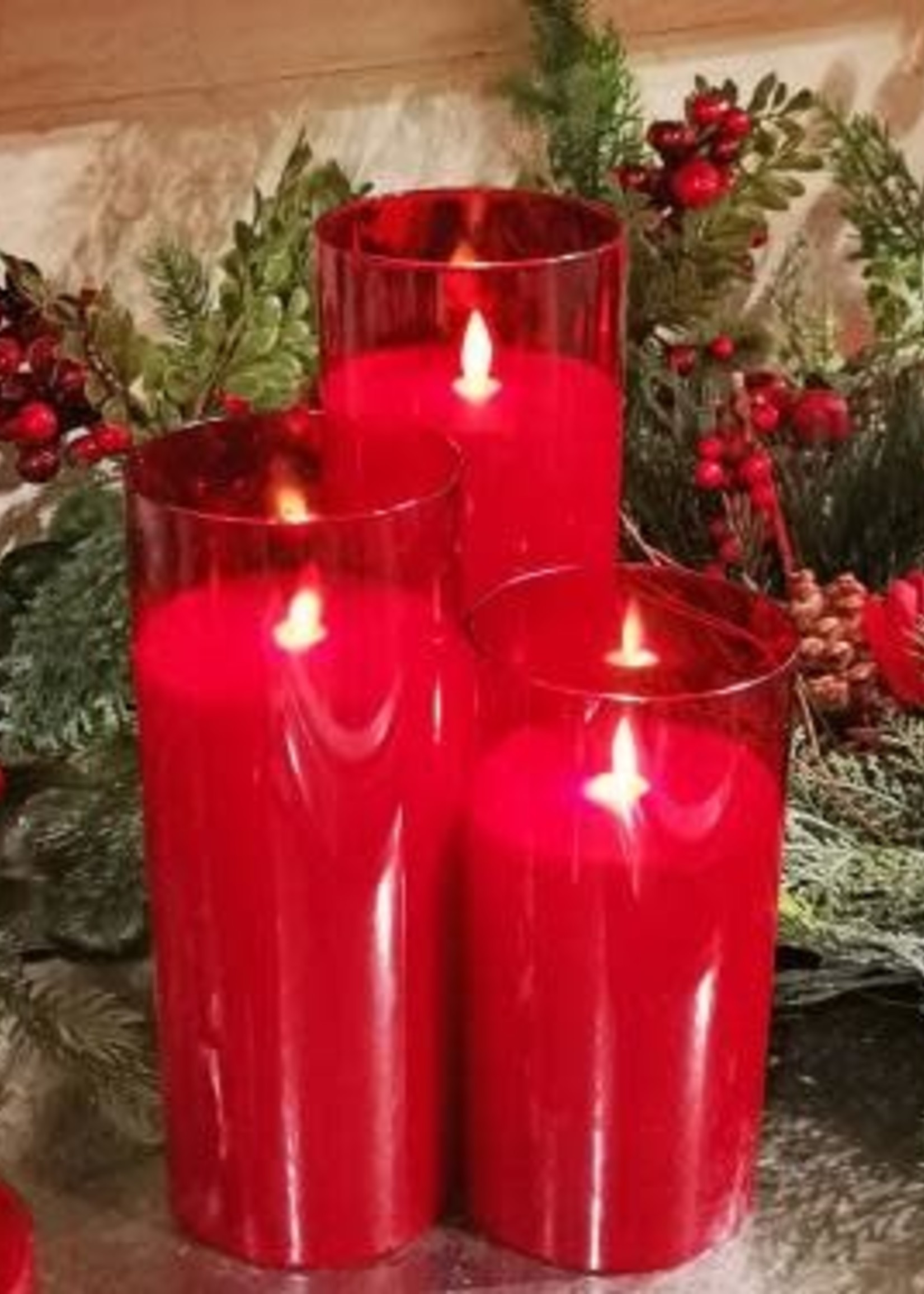 Design Decor GLASS CANDLE RED (3), 4X8",10",12"