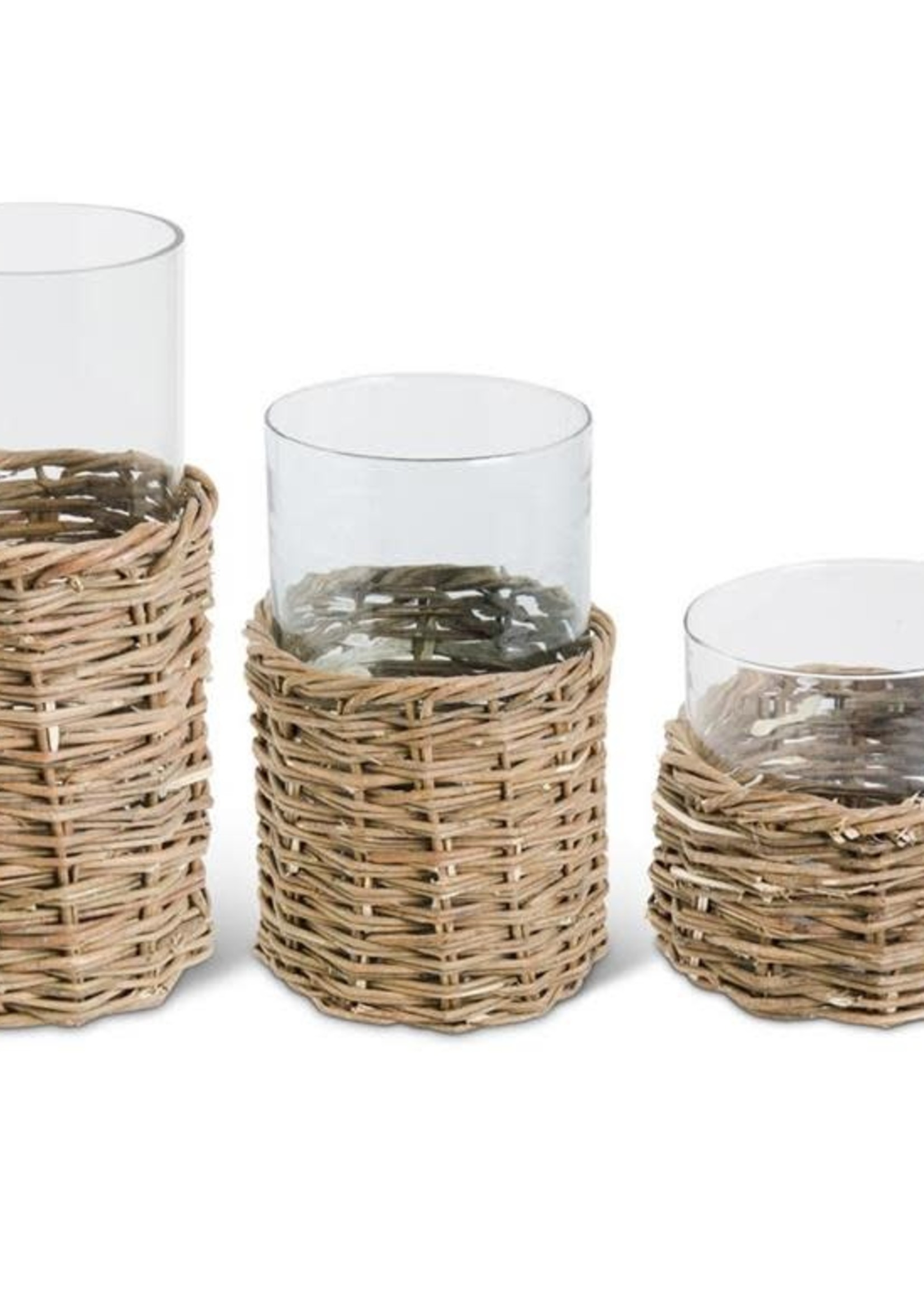 Design Decor Clear Glass Cylinders in Woven Rattan Basket Tall