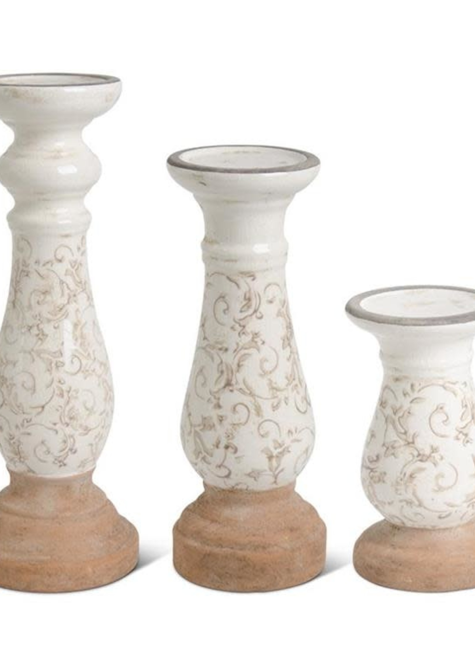 Design Decor Cream Ceramic Candleholders w/Tan Floral Medium