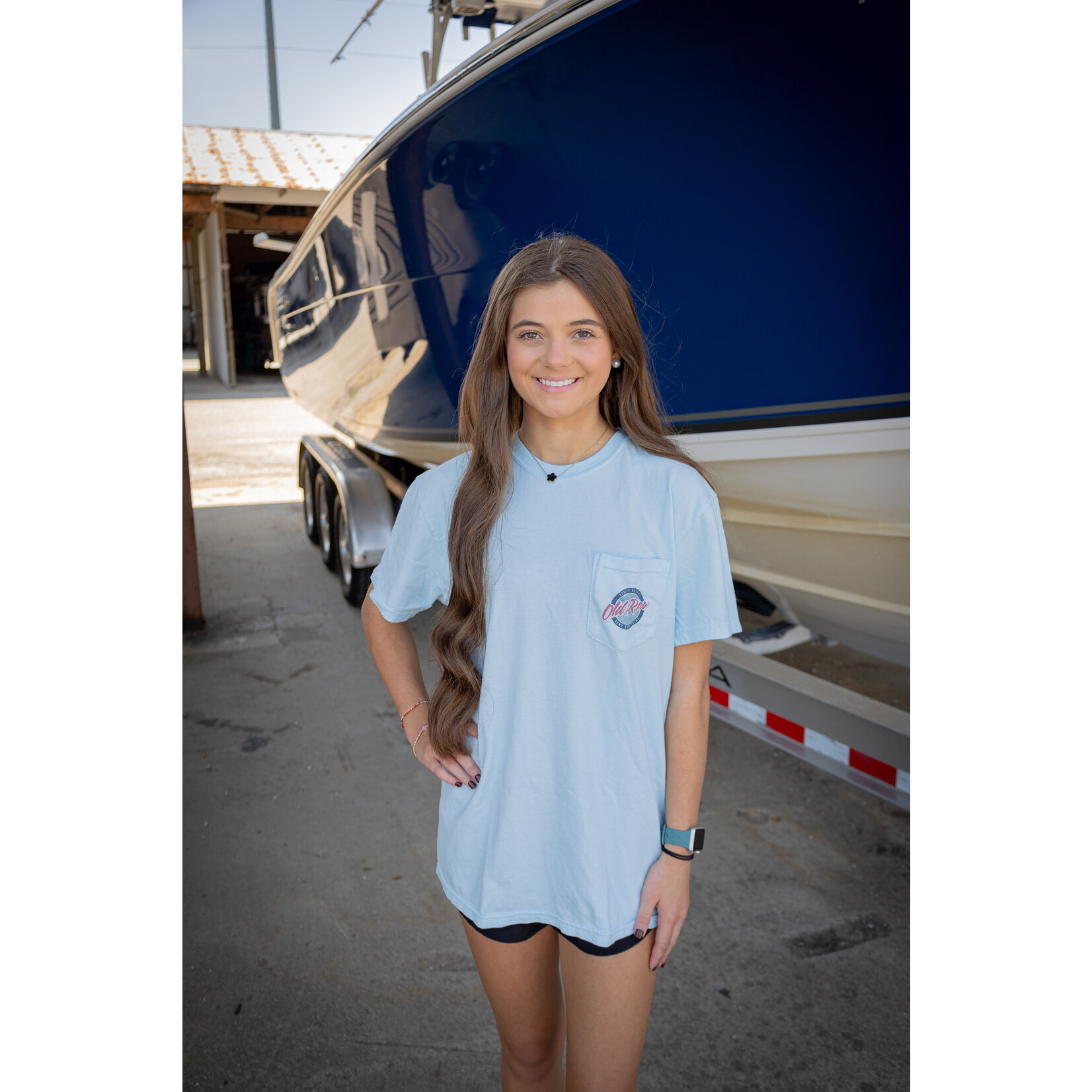 OLD ROW Old Row Outdoors Women's Circle Logo Light Blue w Navy Pocket S/S TEE Shirt