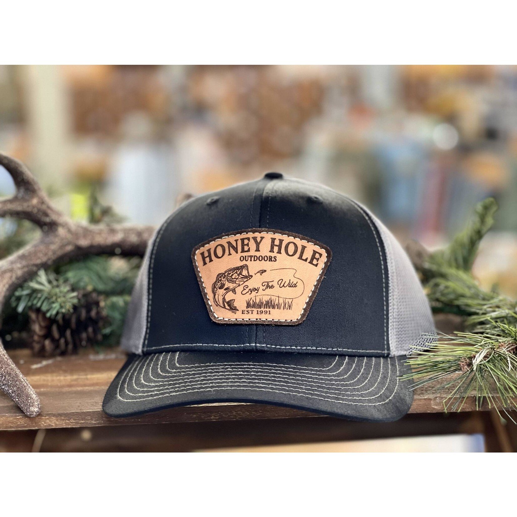 Honey Hole Outdoors Honey Hole Outdoors Bass Bite Leather Patch Snapback Hat