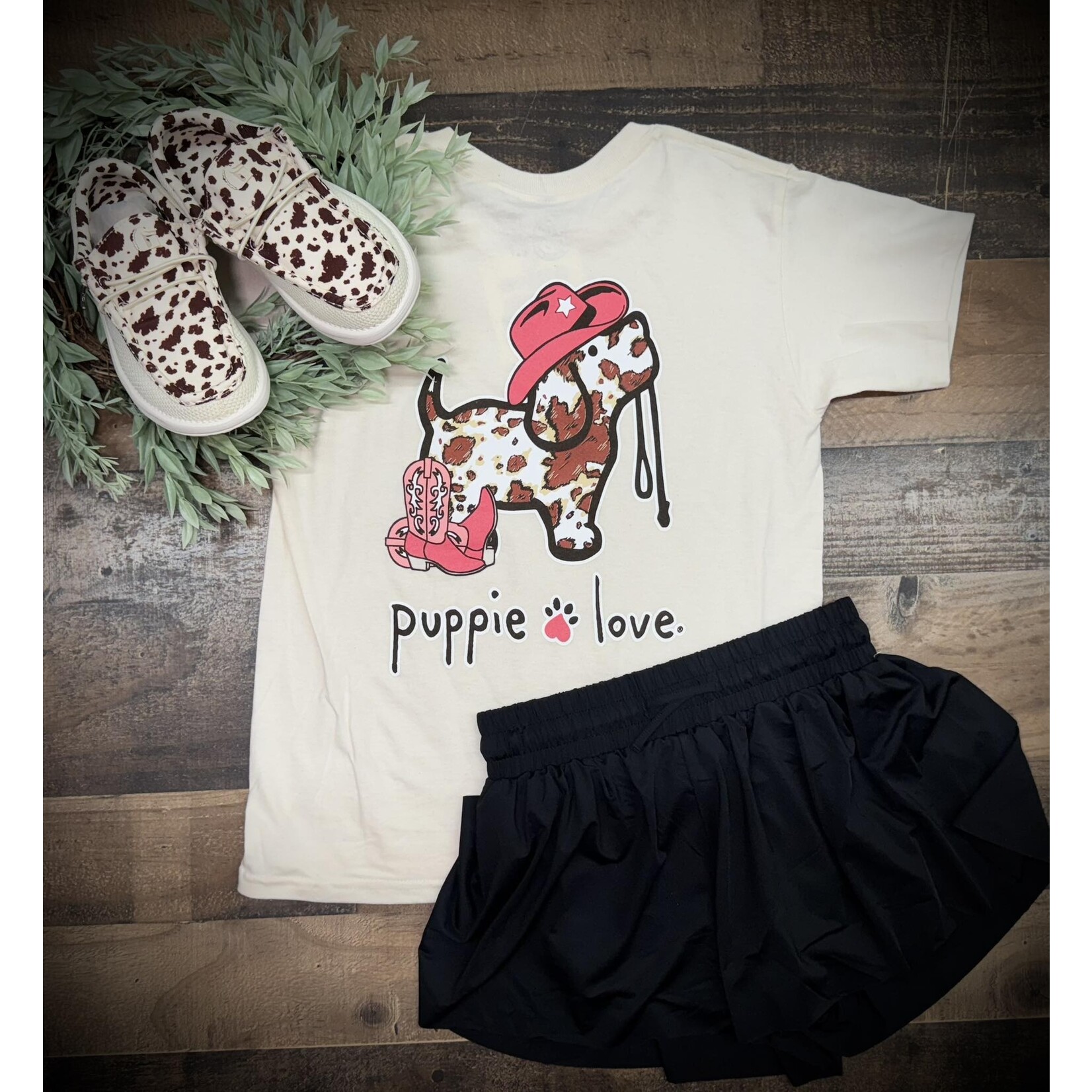 Puppie Love Youth Girls Cow Print Pup S/S TEE Shirt