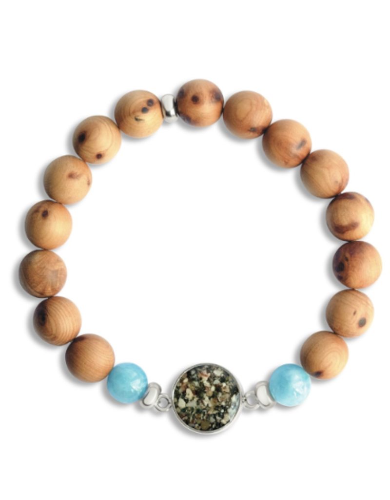 Dune Jewelry Men's Beaded Bracelet - Cypress and Aquamarine - Mussel Shell