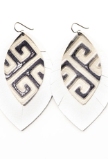 Greek Key With White - X-Large Layered Leather Earrings