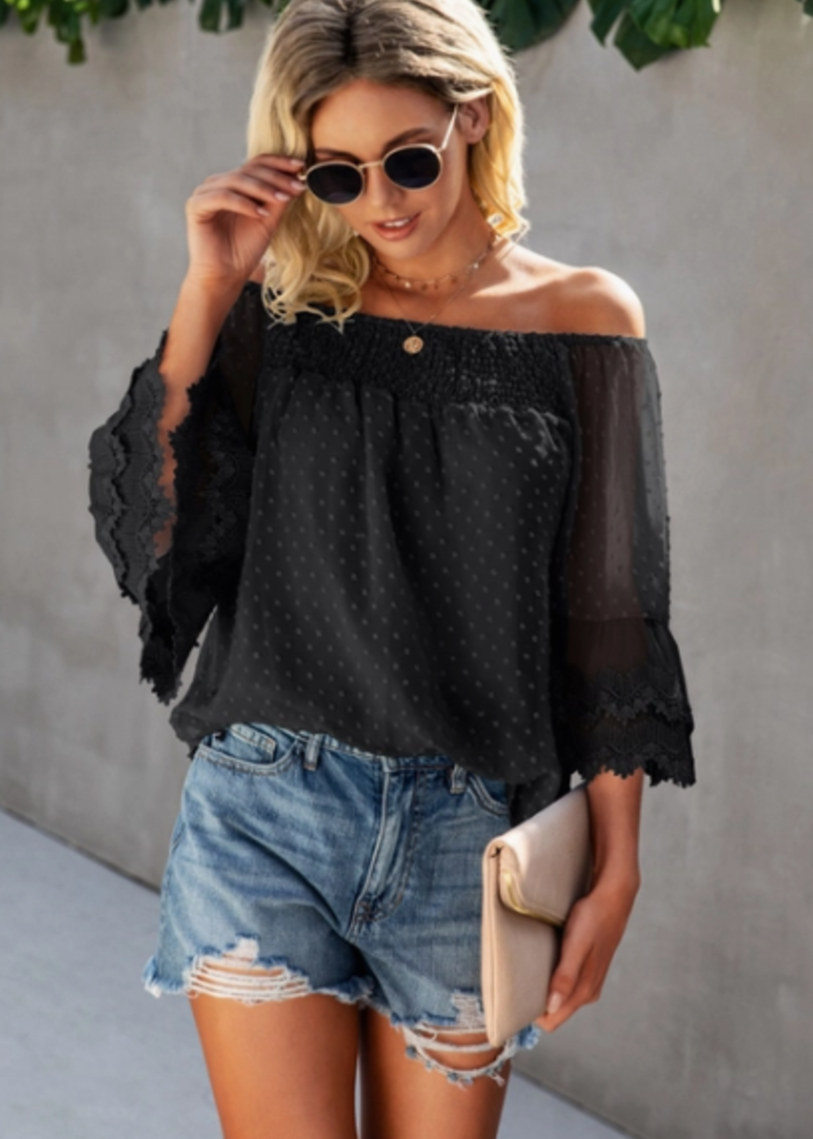 ePretty Off the Shoulder Swiss Dot Blouse