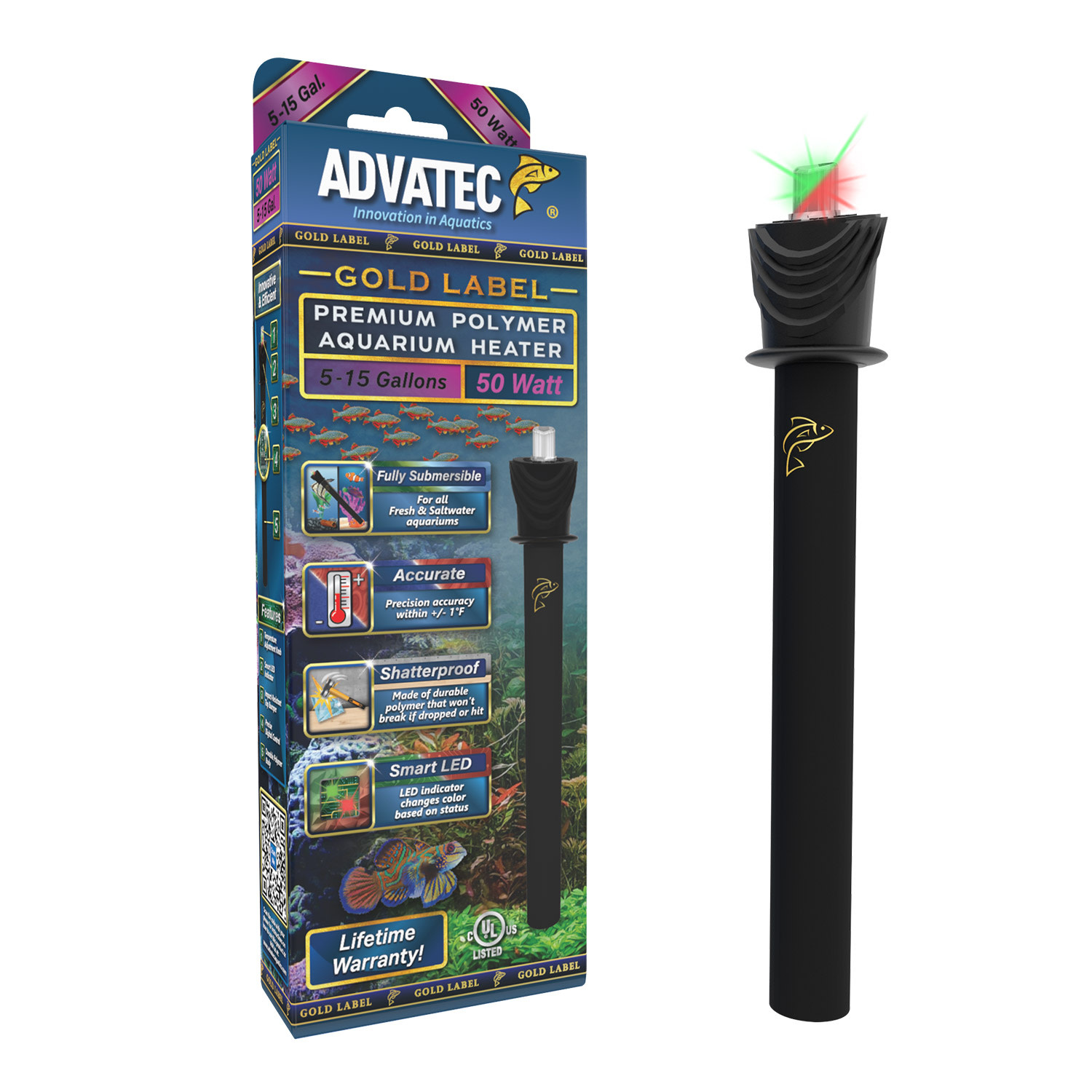 ADV GOLD LABEL POLYMER AQUARIUM HEATER 50 W - The Hidden Reef, Inc - Affordable Reef Aquarium Heater Selection