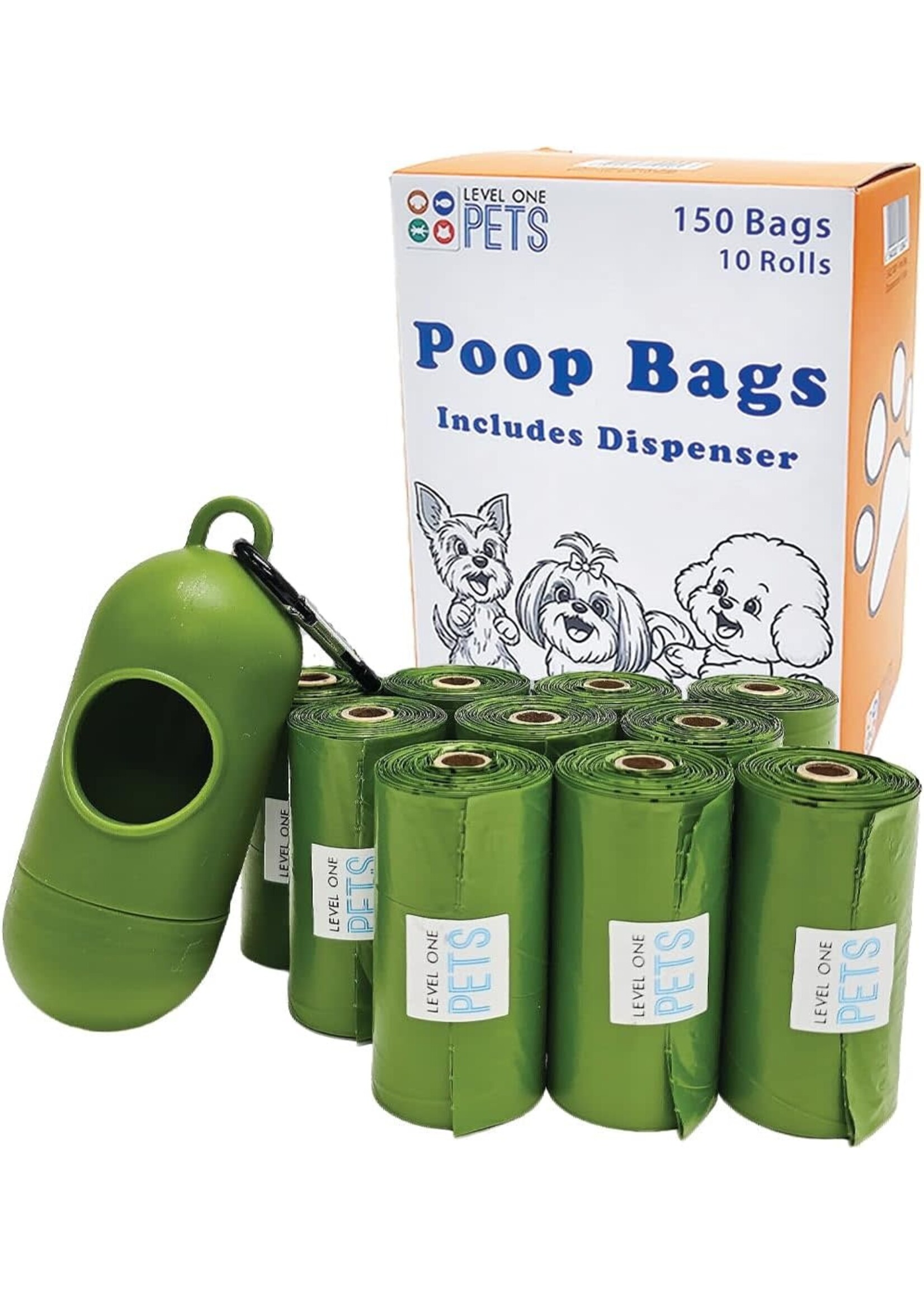 Level One Pets LEVEL ONE  PETS POOP BAG DISPENSER PLUS 10 ROLLS - 150 BAGS