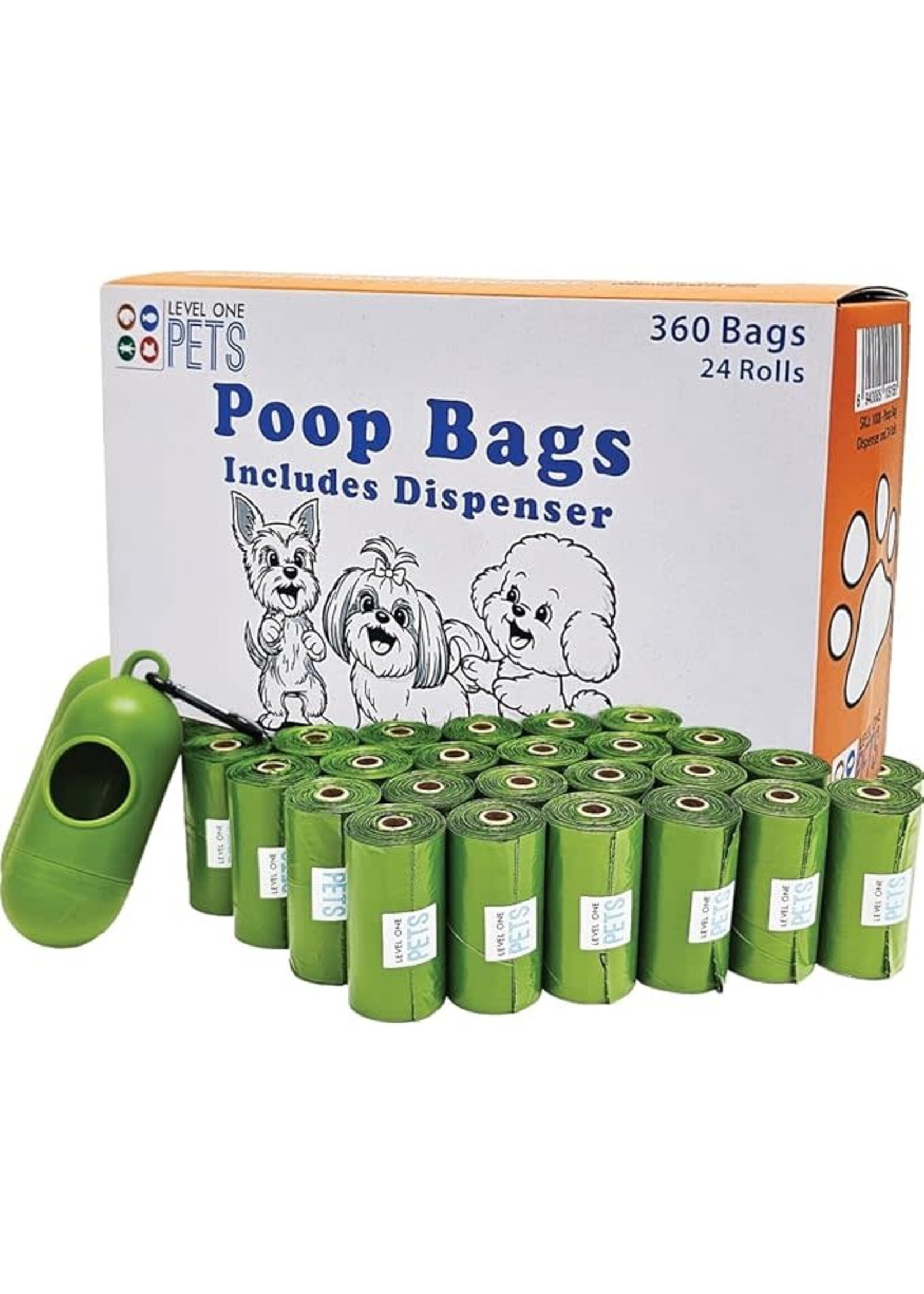 Level One Pets POOP BAG DISPENSER PLUS 24 ROLLS - 360 BAGS
