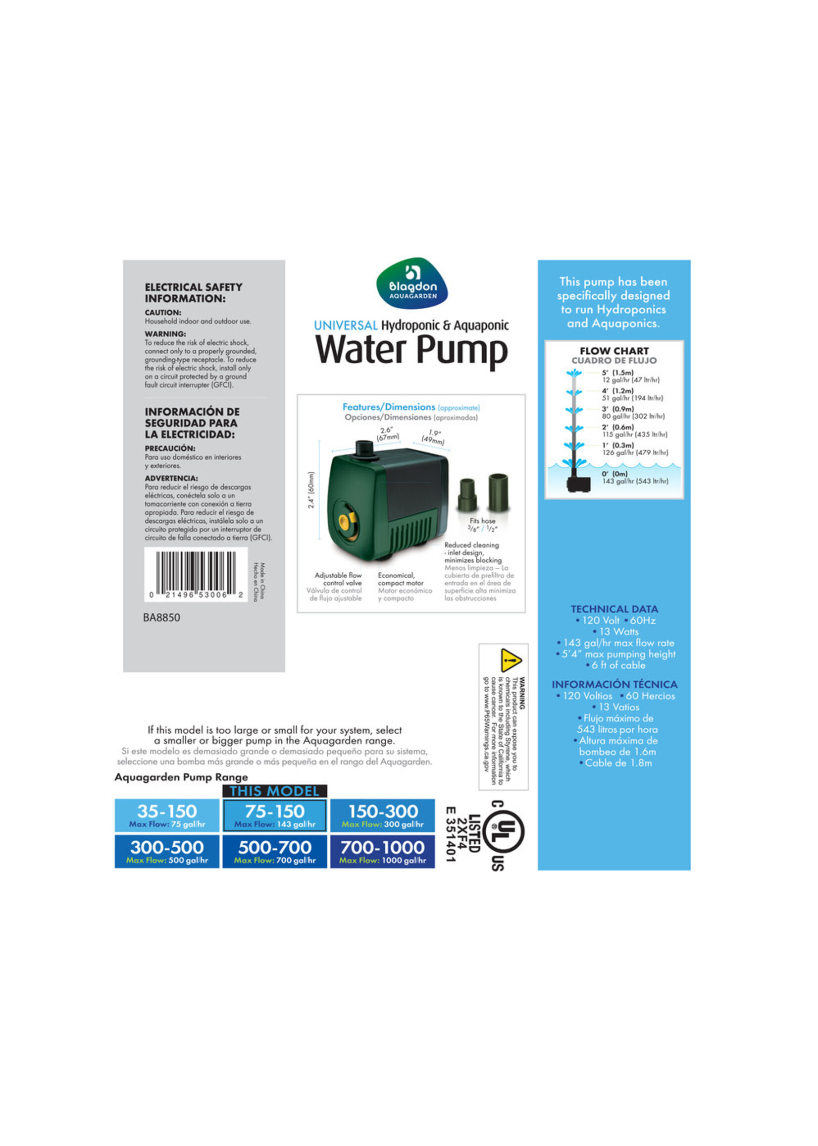 Blagdon Aquagarden HYDROPONIC FOUNTAIN PUMP 75-150