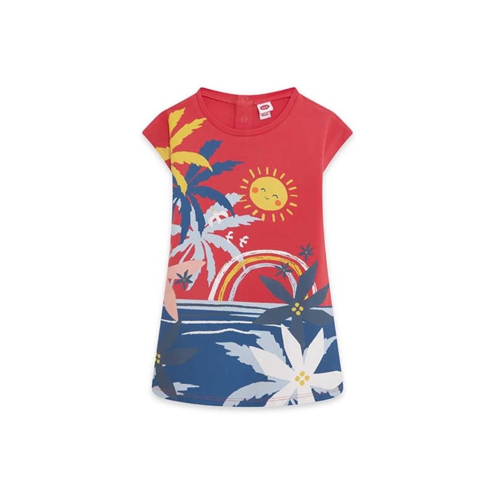 TucTuc TUC TUC - Red-orange jersey dress with tropical scene print 'Enjoy the Sun'