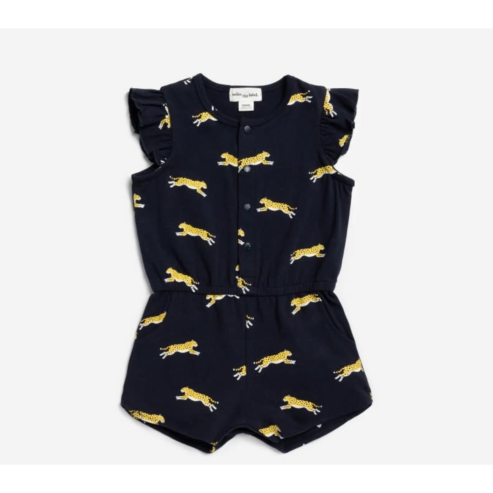 Miles the label MILES THE LABEL - Navy romper/playsuit adjusted at waist with ruffles, leopard print 'Wild Cats'