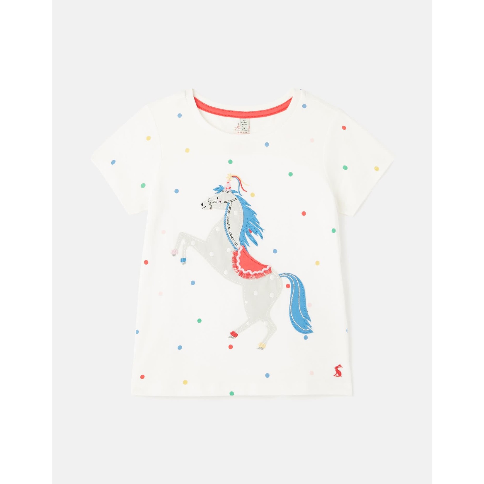 Joules JOULES - Polka Dot White T-Shirt with Festive Horse Applique 'Astra'