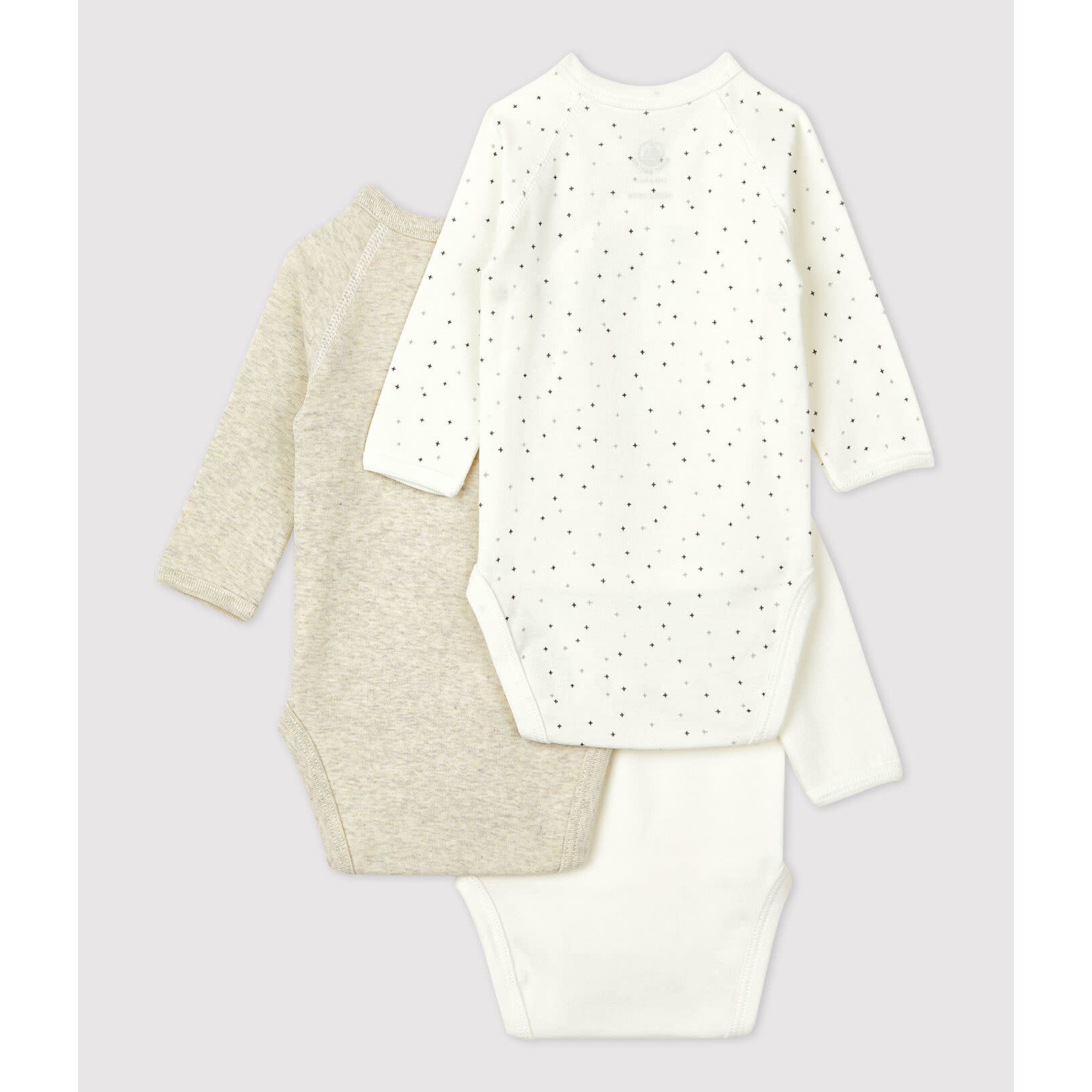 Petit Bateau PETIT BATEAU - Set of 3 Long Sleeve Wrapover Bodysuits 'Natural'