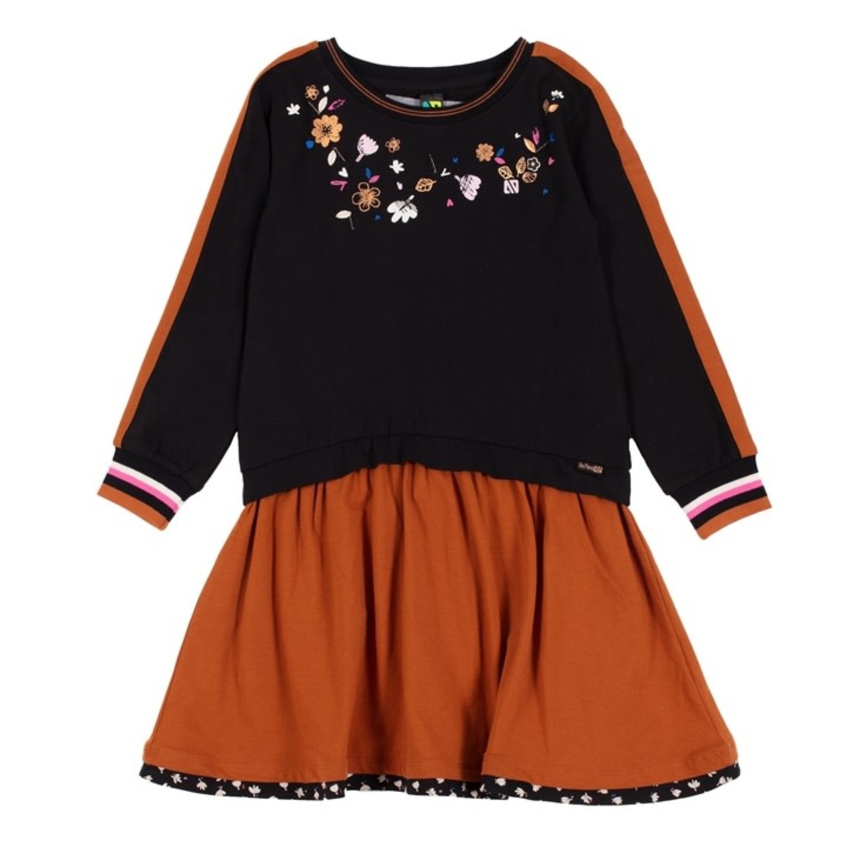 Nanö NANÖ - Black dress with floral print at neck and caramel flared skirt