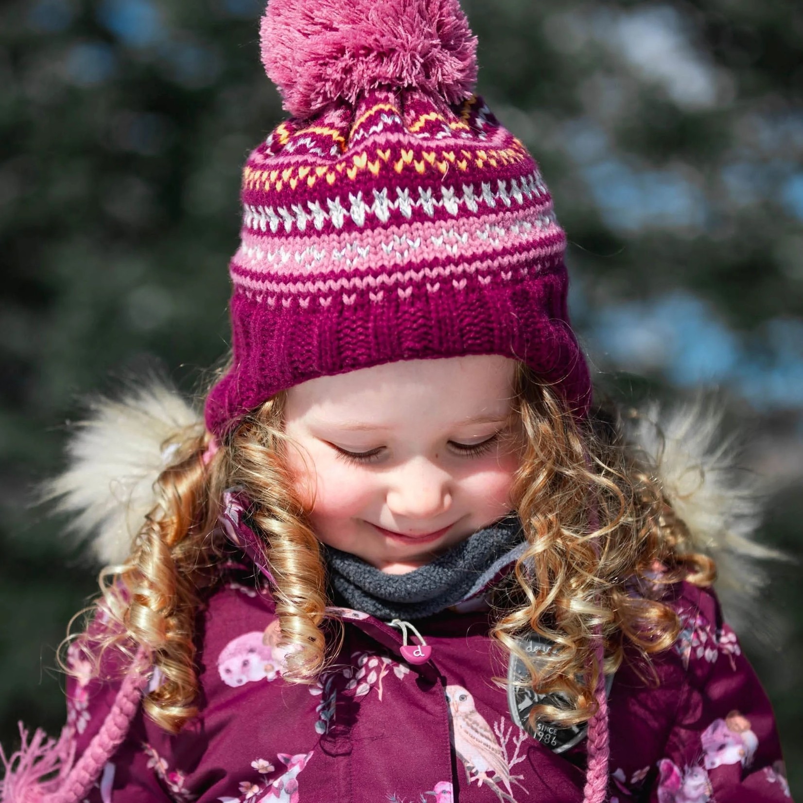 Deux par Deux DEUX PAR DEUX - Winter knit hat with ears and pompom 'Pink Multi'