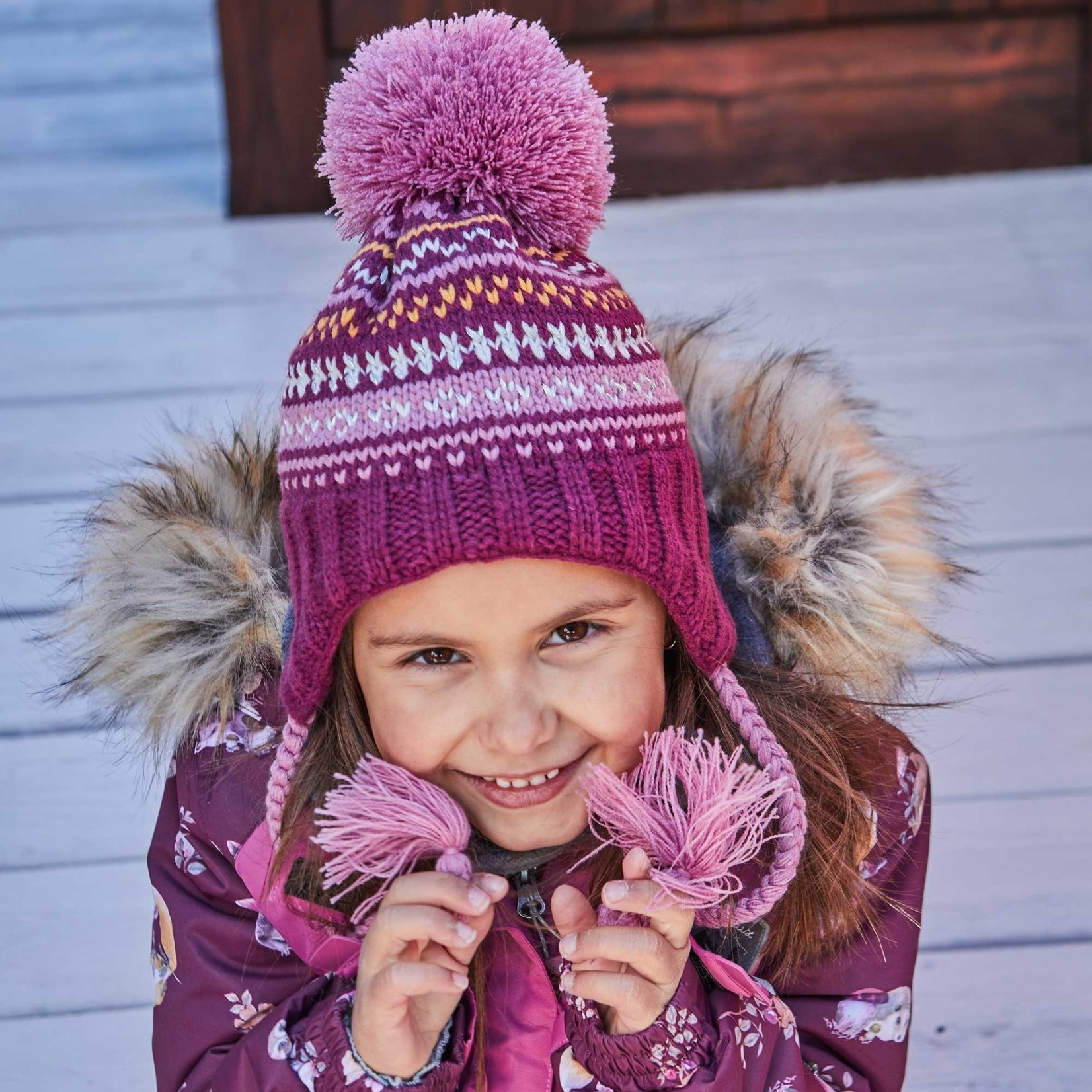 Deux par Deux DEUX PAR DEUX - Winter knit hat with ears and pompom 'Pink Multi'