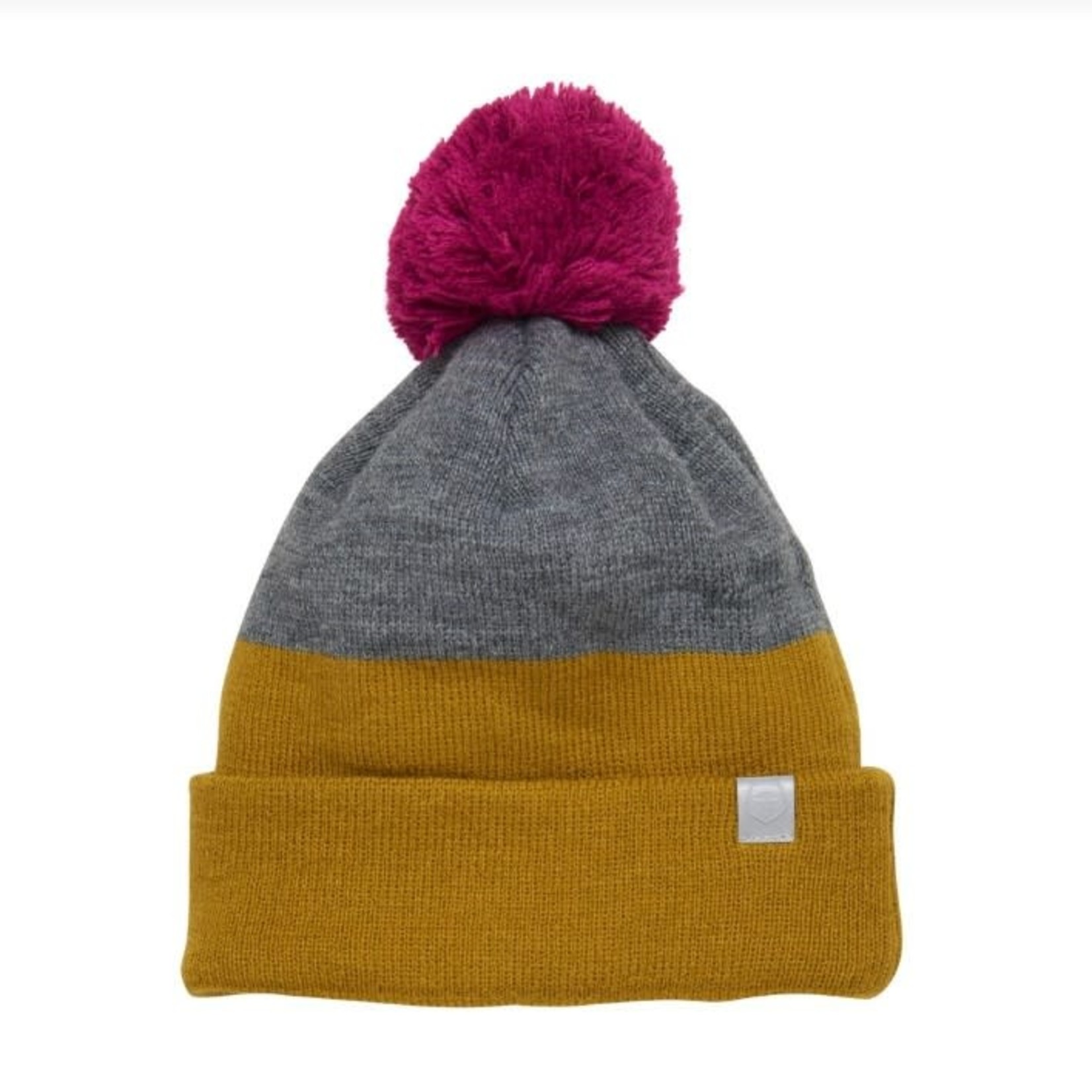 Color Kids COLOR KIDS - Knit winter hat - Mustard and grey with fuchsiapompom