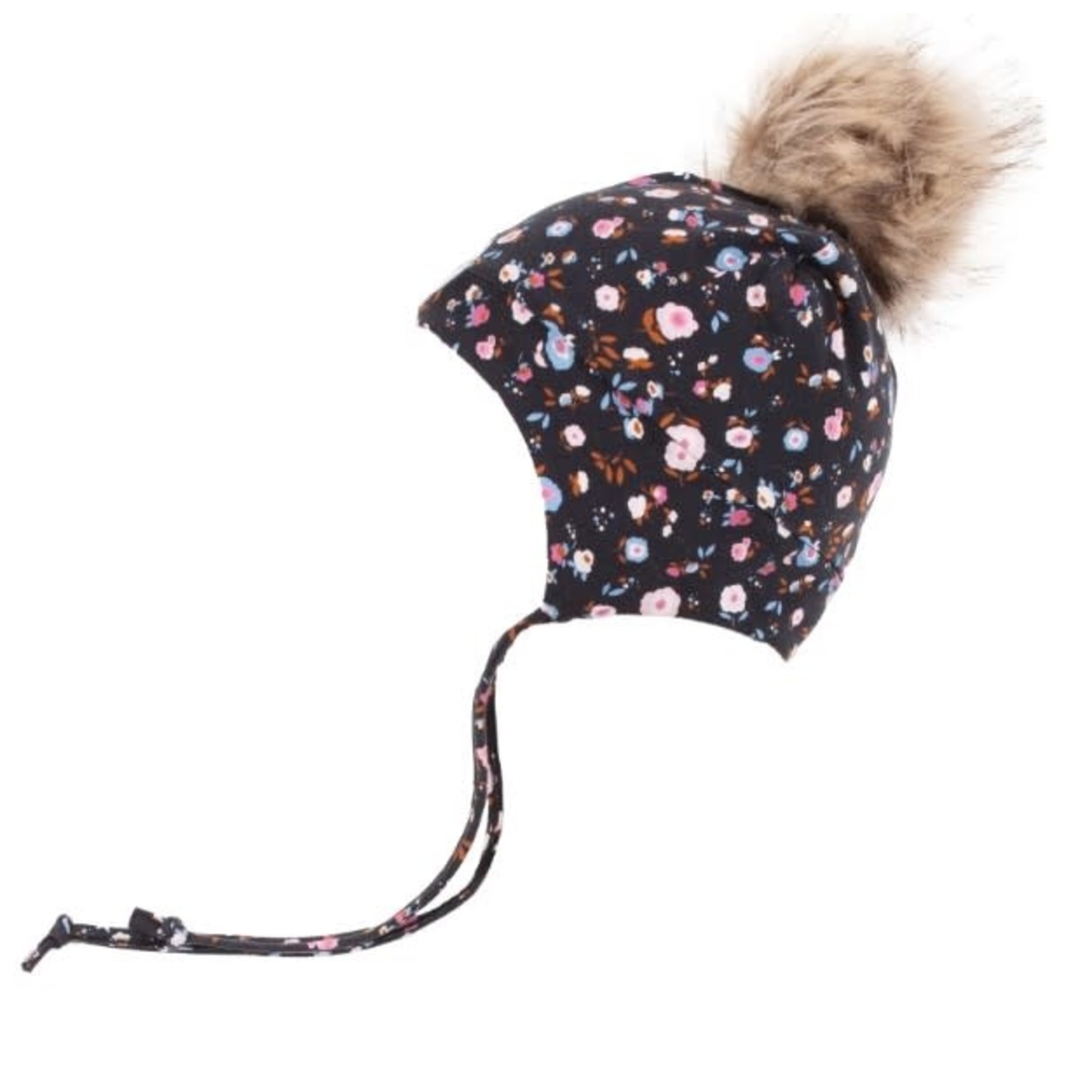 Nanö NANÖ - Tuque de coton noire avec doublure de polar avec pompon et cordon - Motif fleuri