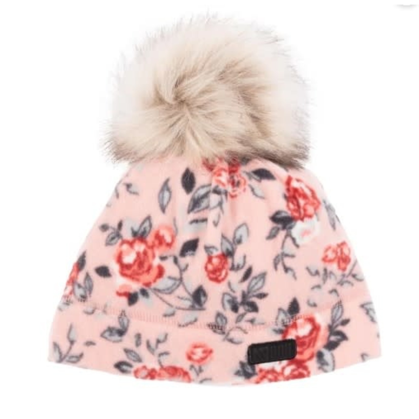 Nanö NANÖ -  Microfleece winter hat in light pink and flower print with faux-fur pompon.