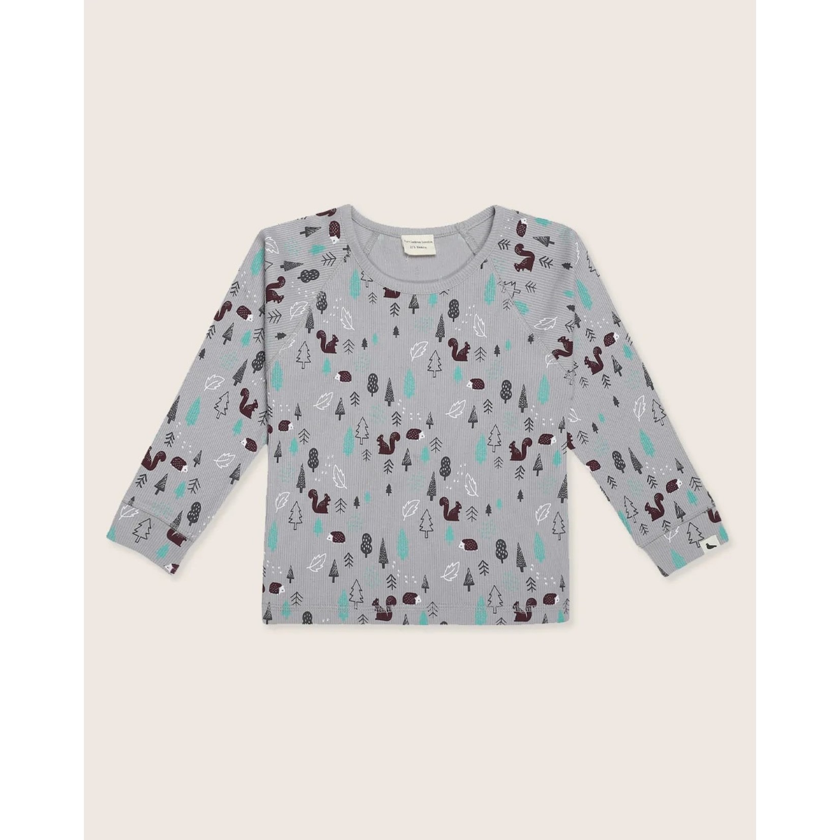 TURTLEDOVE - Grey Rib Long Sleeve T-Shirt with Woodland Print 'Hibernate'