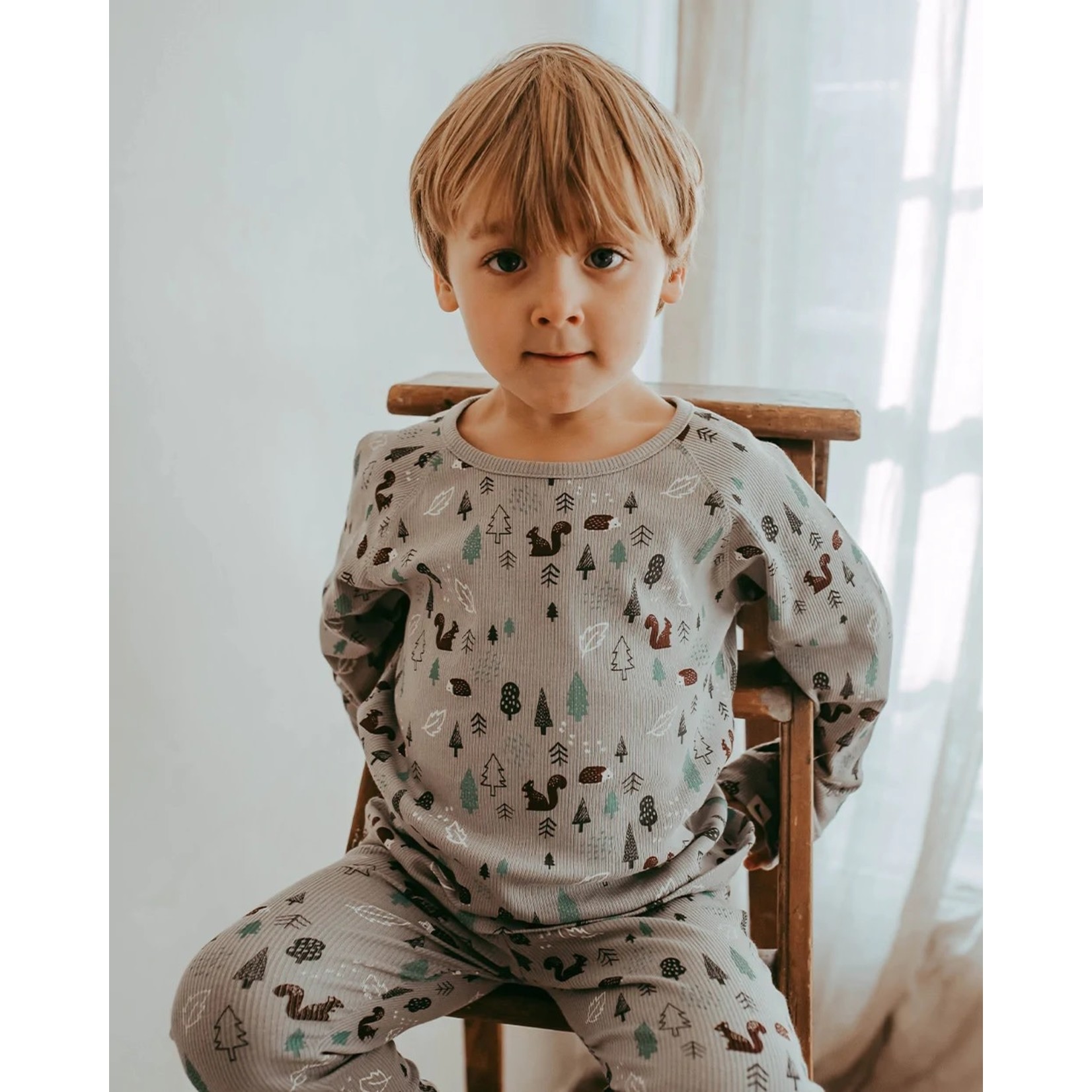 TURTLEDOVE - T-shirt manches longues gris côtelé avec imprimé animaux de la forêt 'Hibernate'