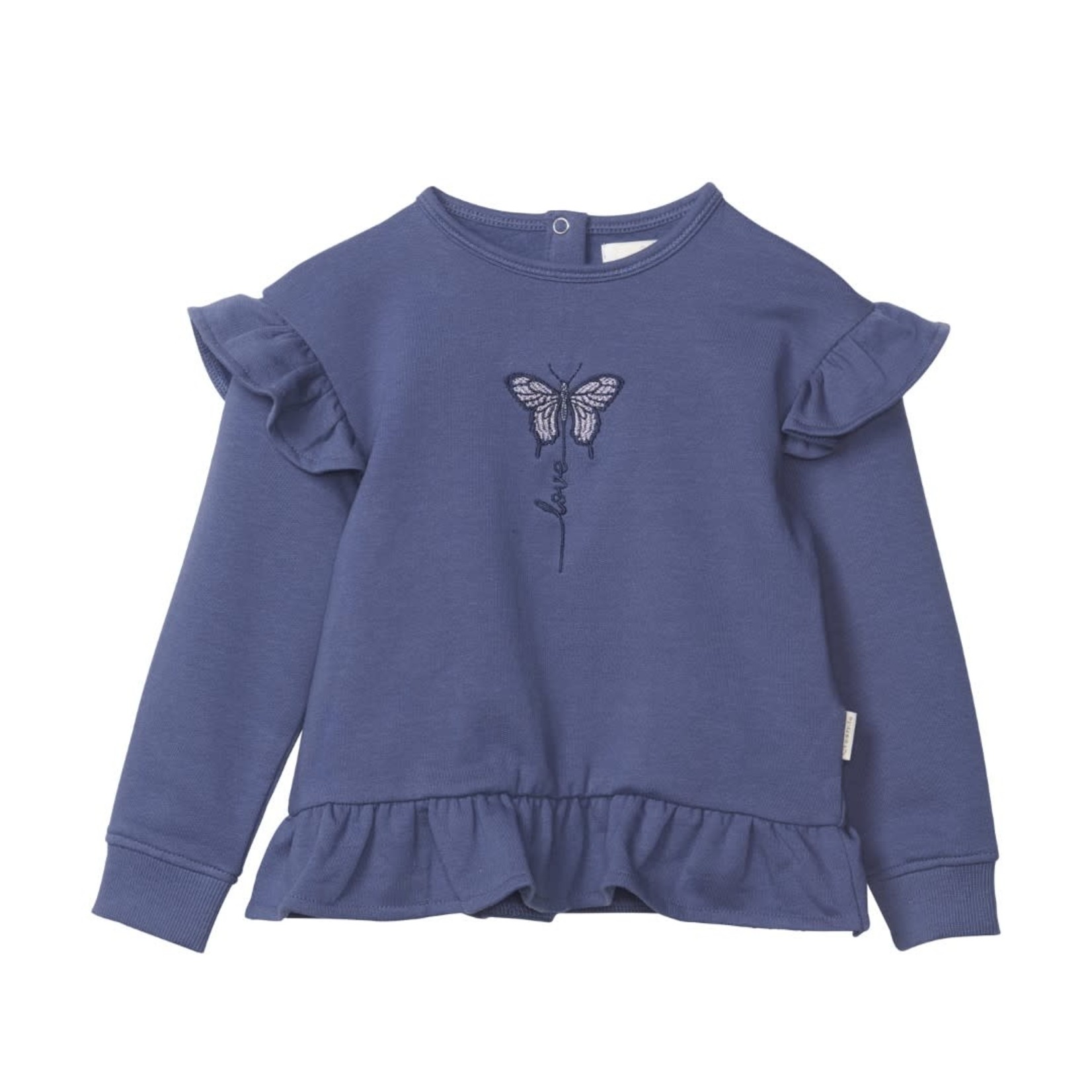 Creamie CREAMIE - Blue Ruffle Sweatshirt with 'Love' Butterfly Embroidery