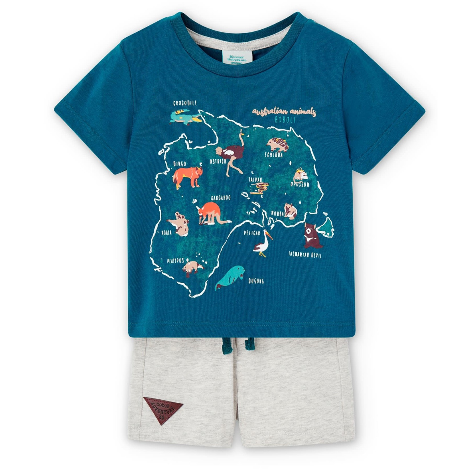 Boboli BOBOLI - Ensemble short gris beige et t-shirt turquoise avec imprimé d'animaux d'Australie