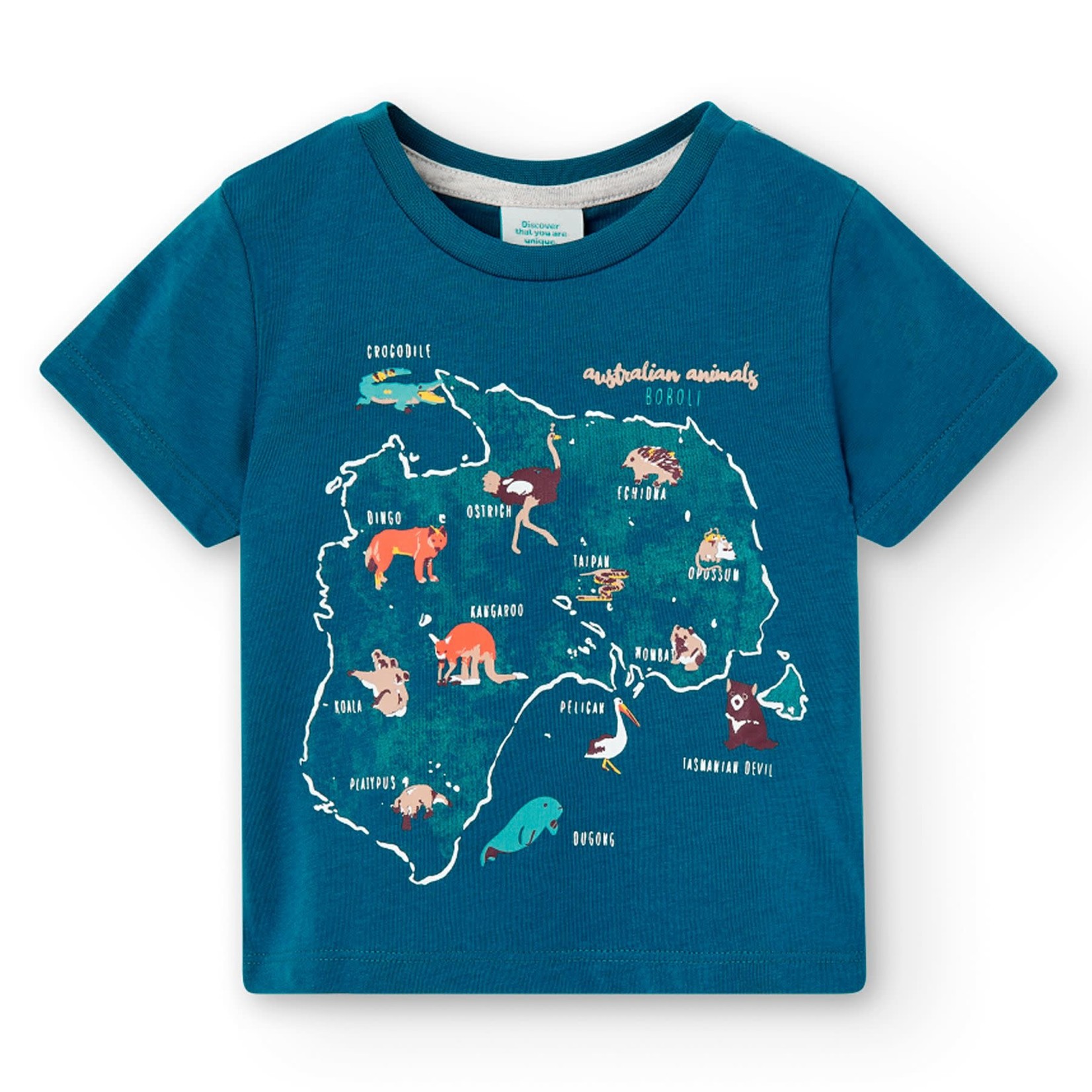 Boboli BOBOLI - Ensemble short gris beige et t-shirt turquoise avec imprimé d'animaux d'Australie