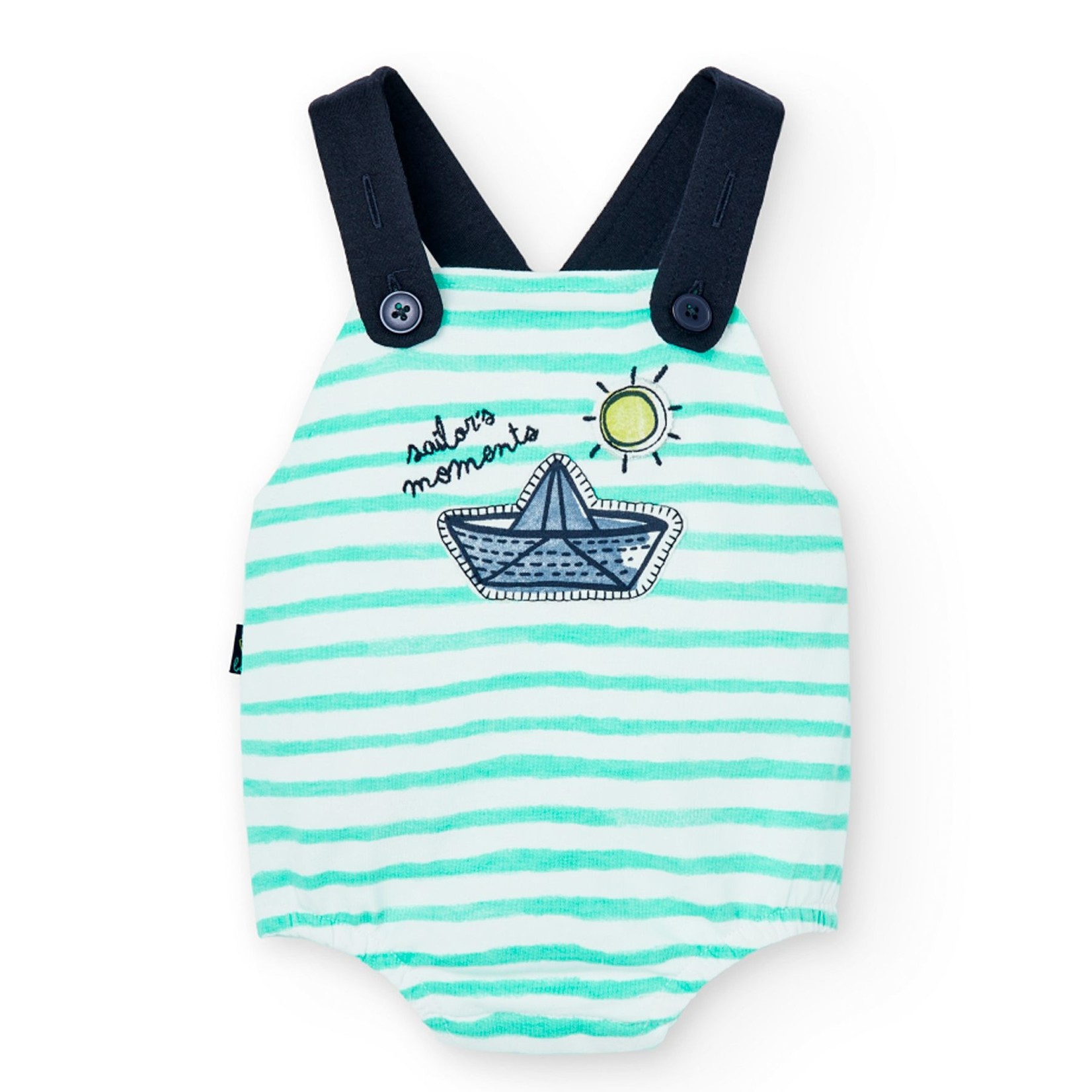 Boboli BOBOLI - Blue and White Striped Romper with Paper Boat Appliqué 'Sailor's moments'