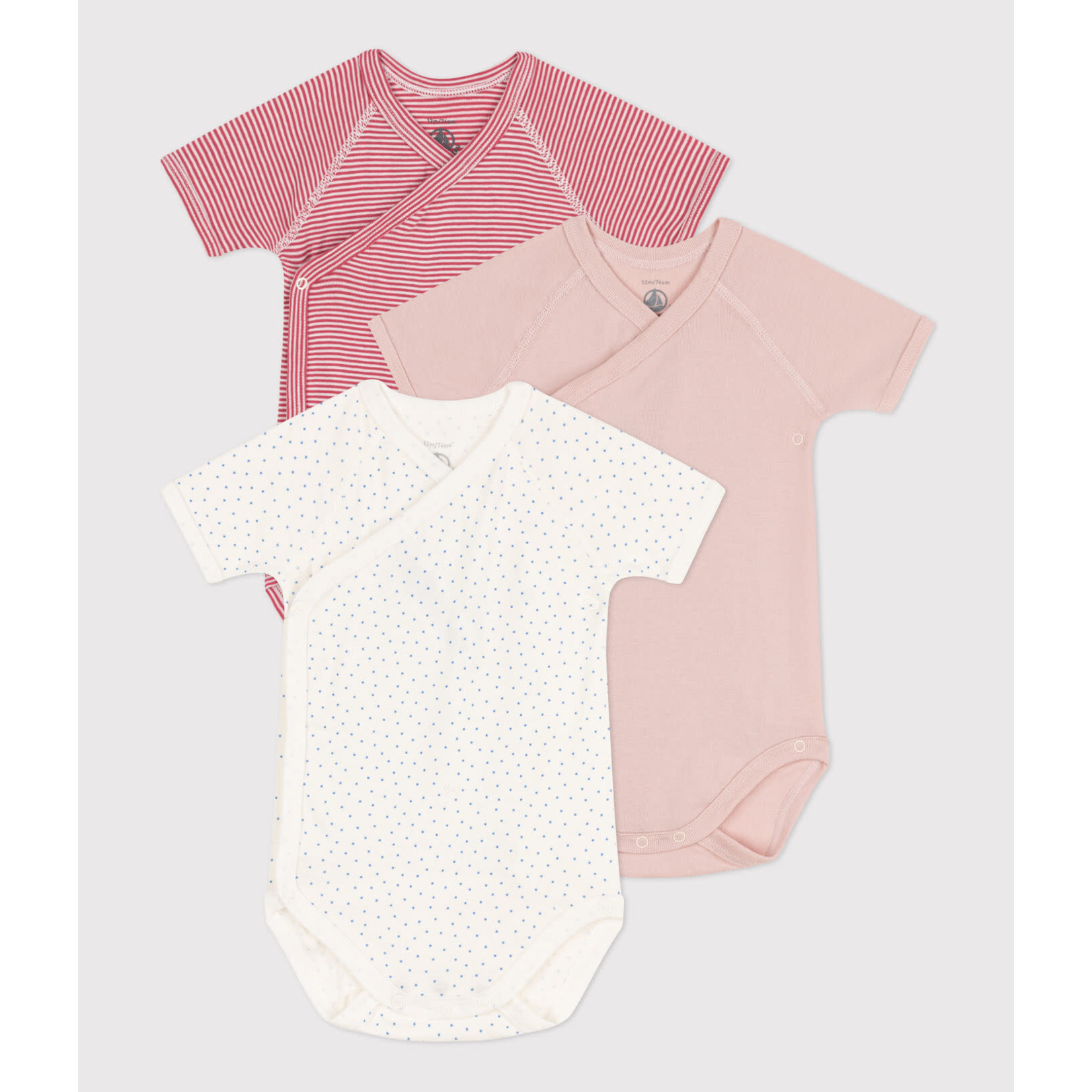 PETIT BATEAU - Set of 3 Short Sleeve Wrapover Bodysuits 'Stripe/Pink/B - La  Culotte à l'Envers