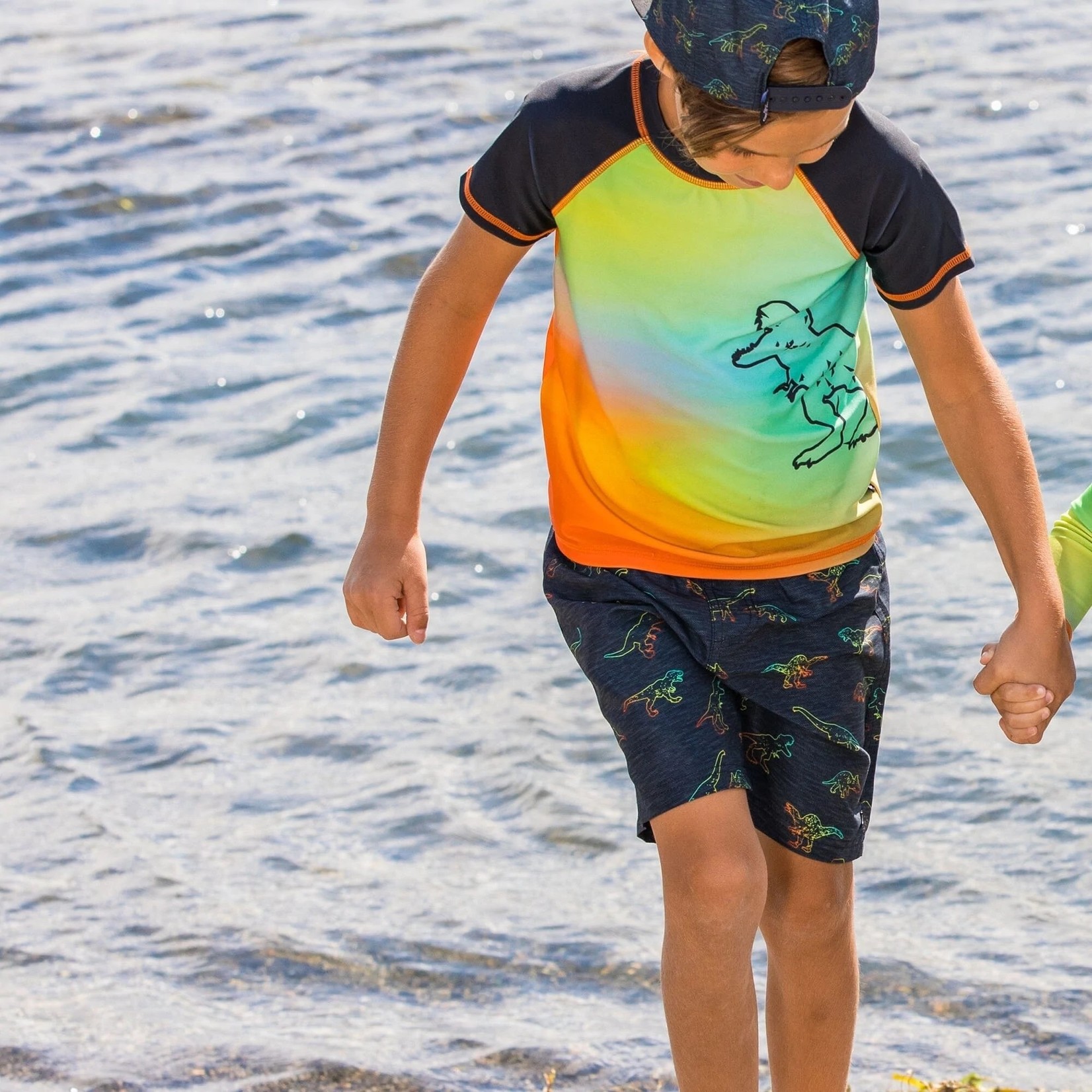 Deux par Deux DEUX PAR DEUX - Dinosaur Print Multicolor Short Sleeve Rashguard UPF50+