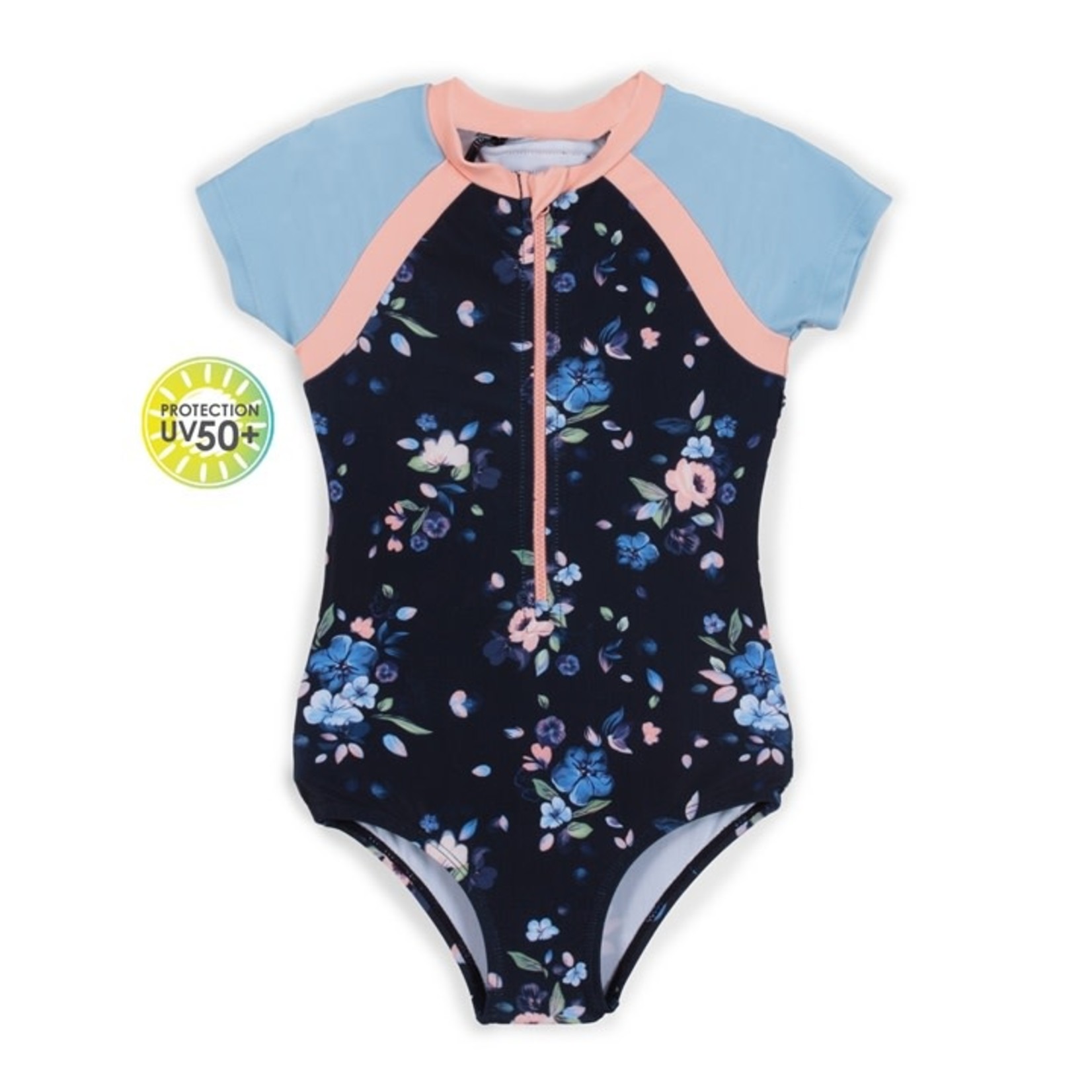 Nanö NANÖ - One-piece Blue Rashguard Swimsuit with Short Sleeves and Flower Print