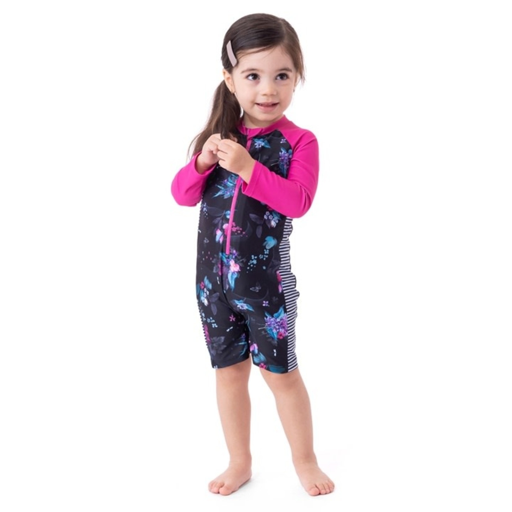 Nanö NANÖ - One-piece Black Rashguard Swimsuit with Long Pink Sleeves and Flower Print