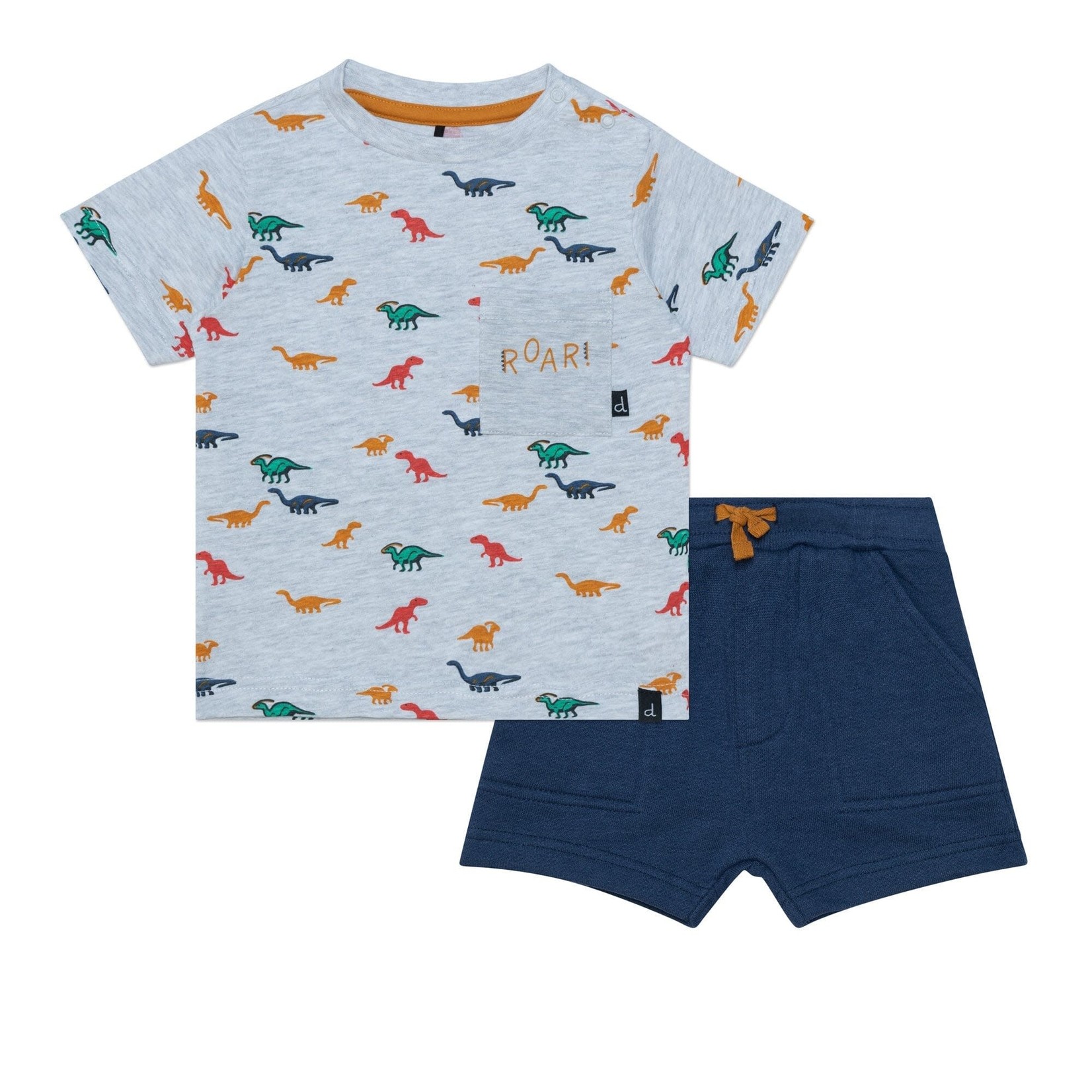 Deux par Deux DEUX PAR DEUX - Heather gray and navy blue t-shirt and shorts two-piece set with dinosaur print