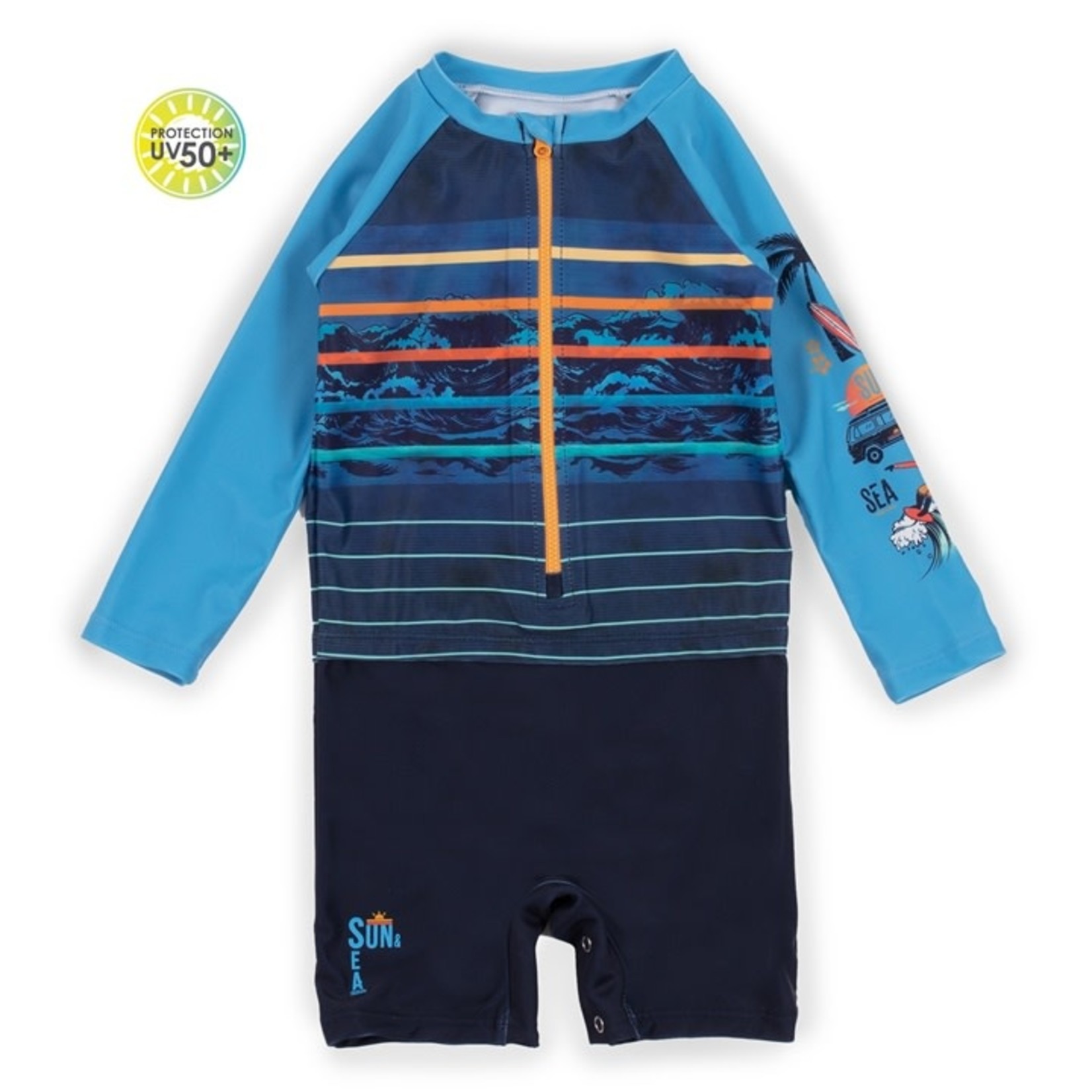 Nanö NANÖ - Navy and Blue One-piece Long Sleeve Rashguard Swimsuit with Stripes and Waves Print