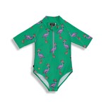 Birdz BIRDZ- One-piece Green Swimsuit with Short Sleeves and Flamingo Print