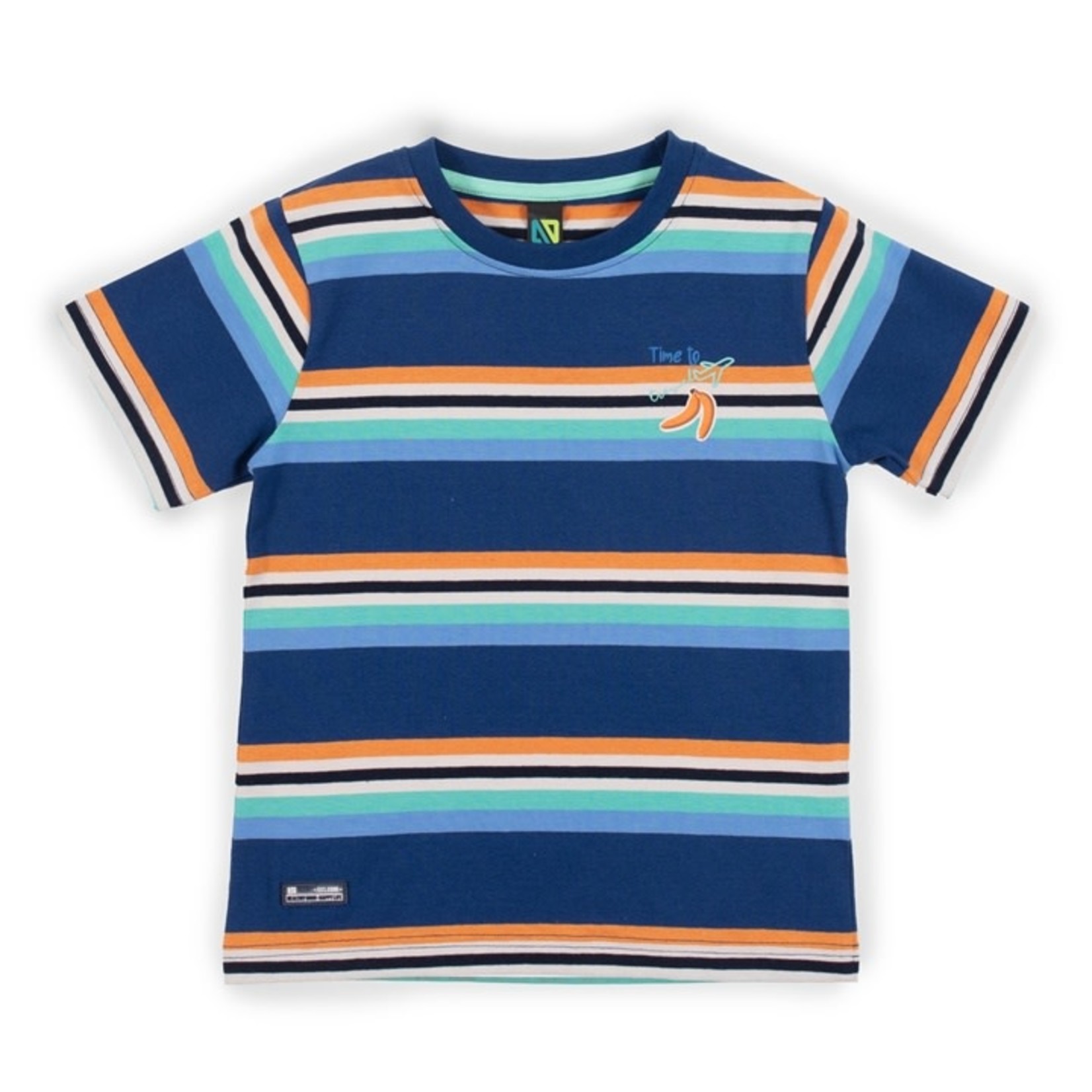 Nanö NANÖ - Blue and Orange Striped T-Shirt with Banana Appliqué 'Time to Travel'