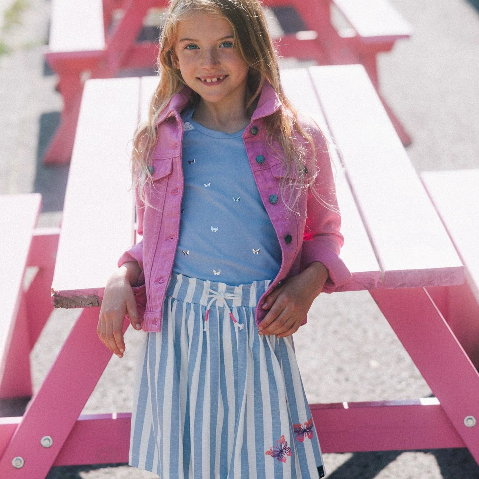 Deux par Deux DEUX PAR DEUX- Striped Blue and White Skirt with Little Butterflies