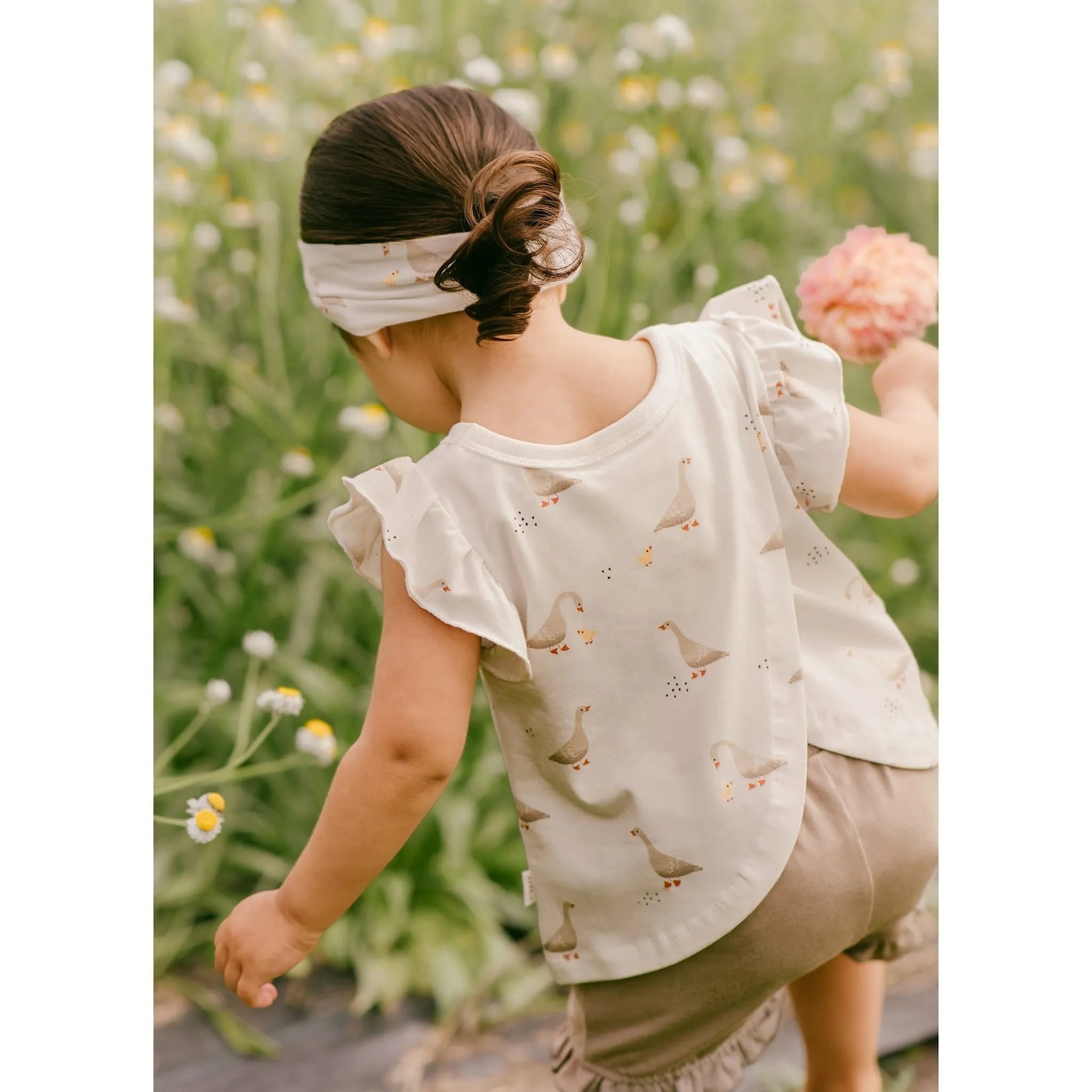 Petit Lem PETIT LEM - Two-piece kit with t-shirt with frills and goose print with taupe shorts