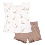 Petit Lem PETIT LEM - Two-piece kit with t-shirt with frills and goose print with taupe shorts
