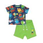 TucTuc TUC TUC - Two-piece Set Navy Short Sleeve T-Shirt with Funny Sea Animals and Lime Green Shorts 'Holidays'