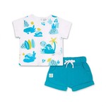 TucTuc TUC TUC - Two-piece Set White Short Sleeve T-Shirt with Print and Turquoise Shorts 'Sea Turtles'