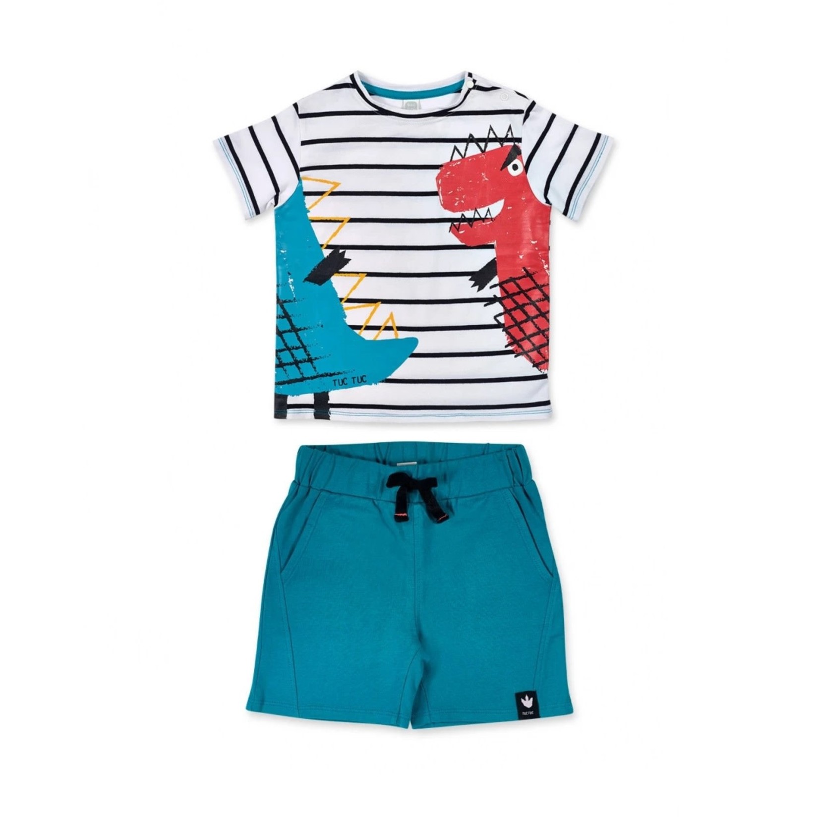 TucTuc TUC TUC - Two-piece Set Striped T-Shirt with Dino Print and Turquoise Shorts 'Fruity Dinosaurs'
