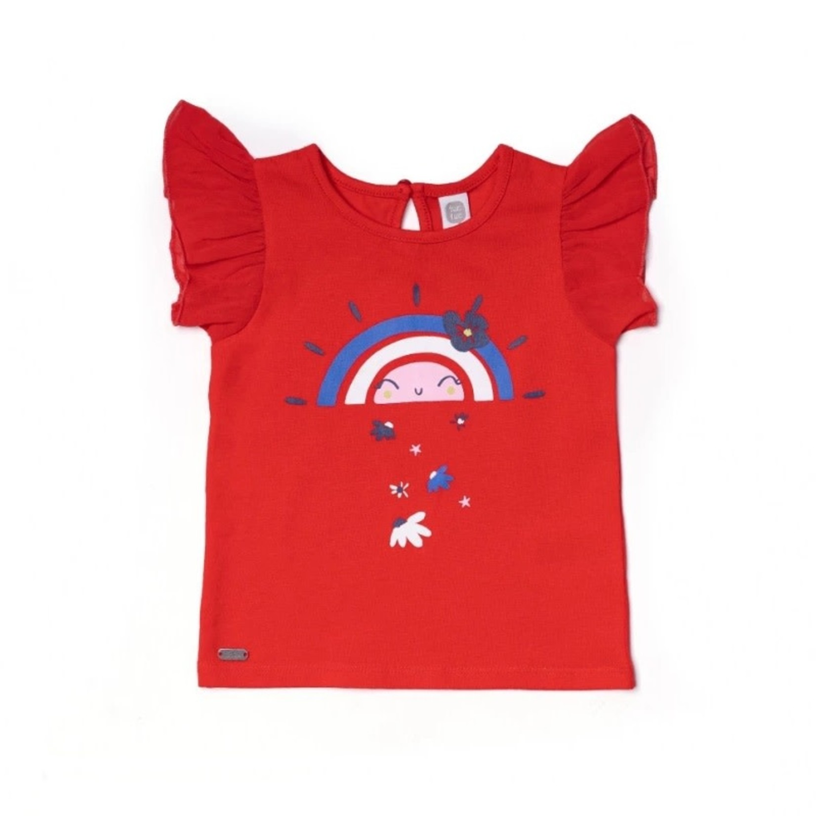 TucTuc TUC TUC - Red T-Shirt with Ruffled Sleeves and Sunset Print 'Beach Day'