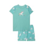Deux par Deux DEUX PAR DEUX - Organic Cotton Two Piece Short Pajama Set Turquoise with Unicorn and Flower Print